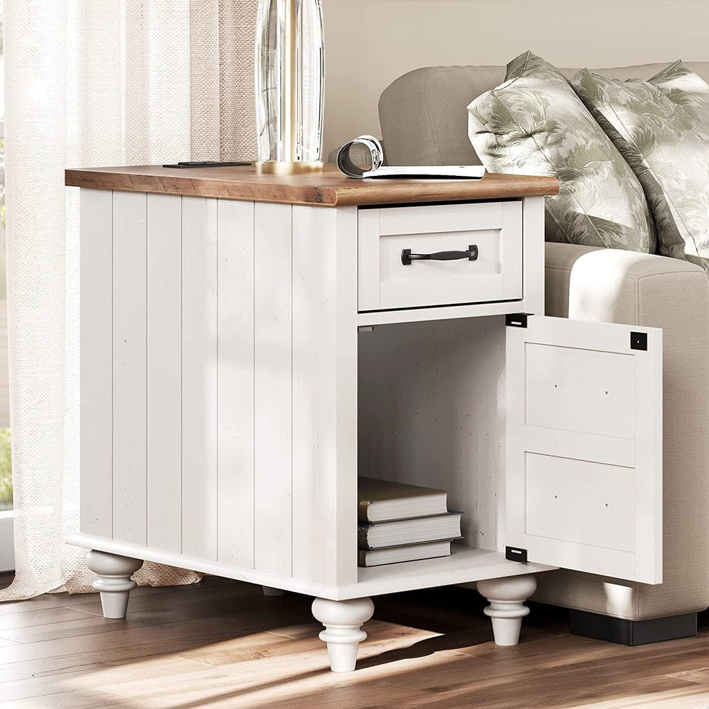 WAMPAT White End Table with Charging Station, Wood Side Table with 1 Drawer &1 Storage Cabinet, Mid Century Modern Nightstand with Power Outlets & USB Ports for Living Room, Bedroom