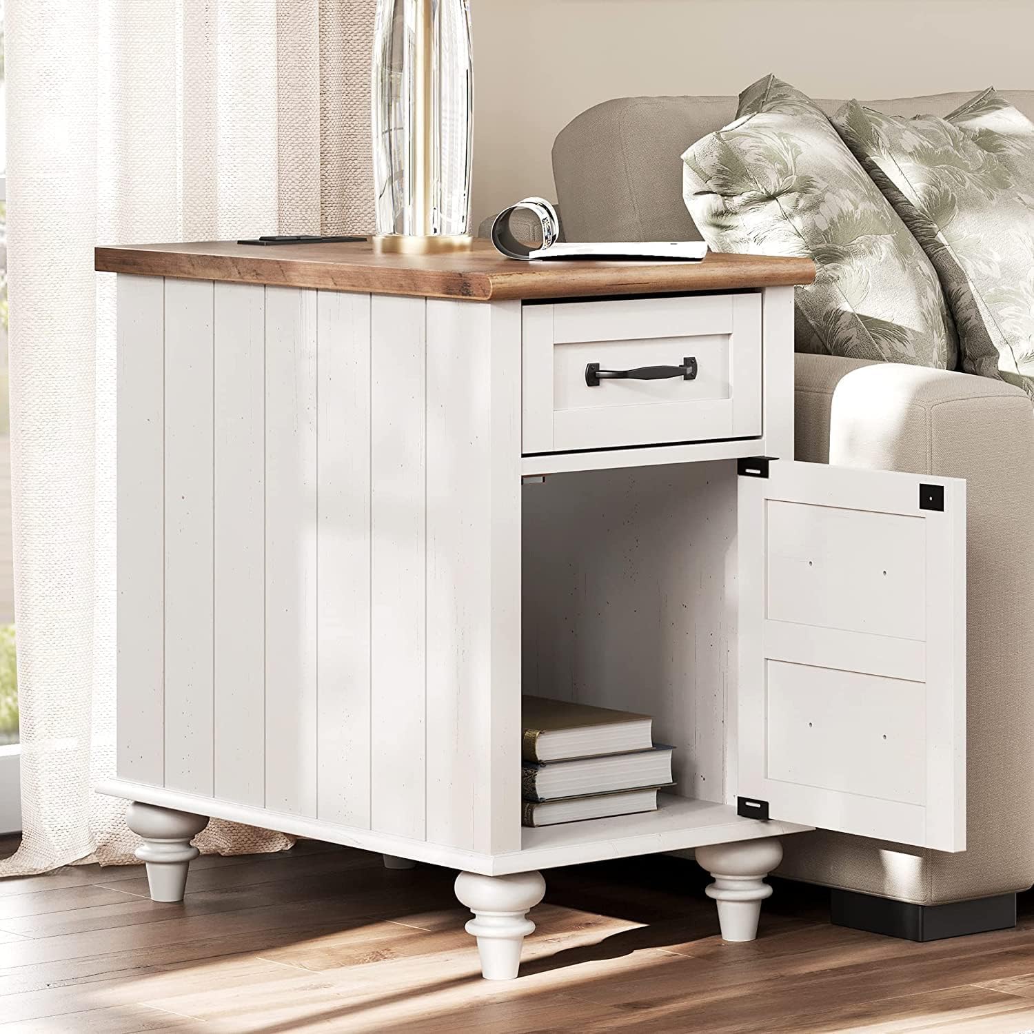 WAMPAT White End Table with Charging Station, Wood Side Table with 1 Drawer &1 Storage Cabinet, Mid Century Modern Nightstand with Power Outlets & USB Ports for Living Room, Bedroom