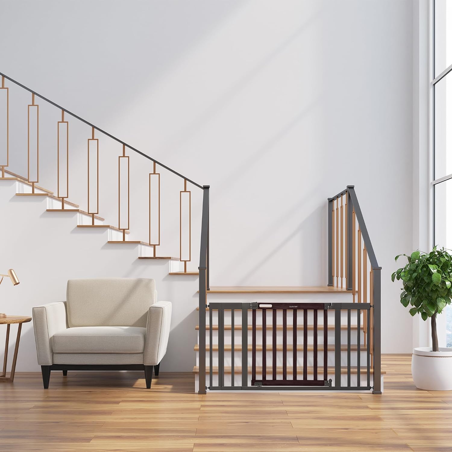 Summer Infant West End Safety Baby Gate, Dark Walnut Stained Wood with Charcoal Metal Frame – 30' Tall, Fits Openings up to 36' to 60' Wide, Baby and Pet Gate for Wide Spaces and Open Floor Plans