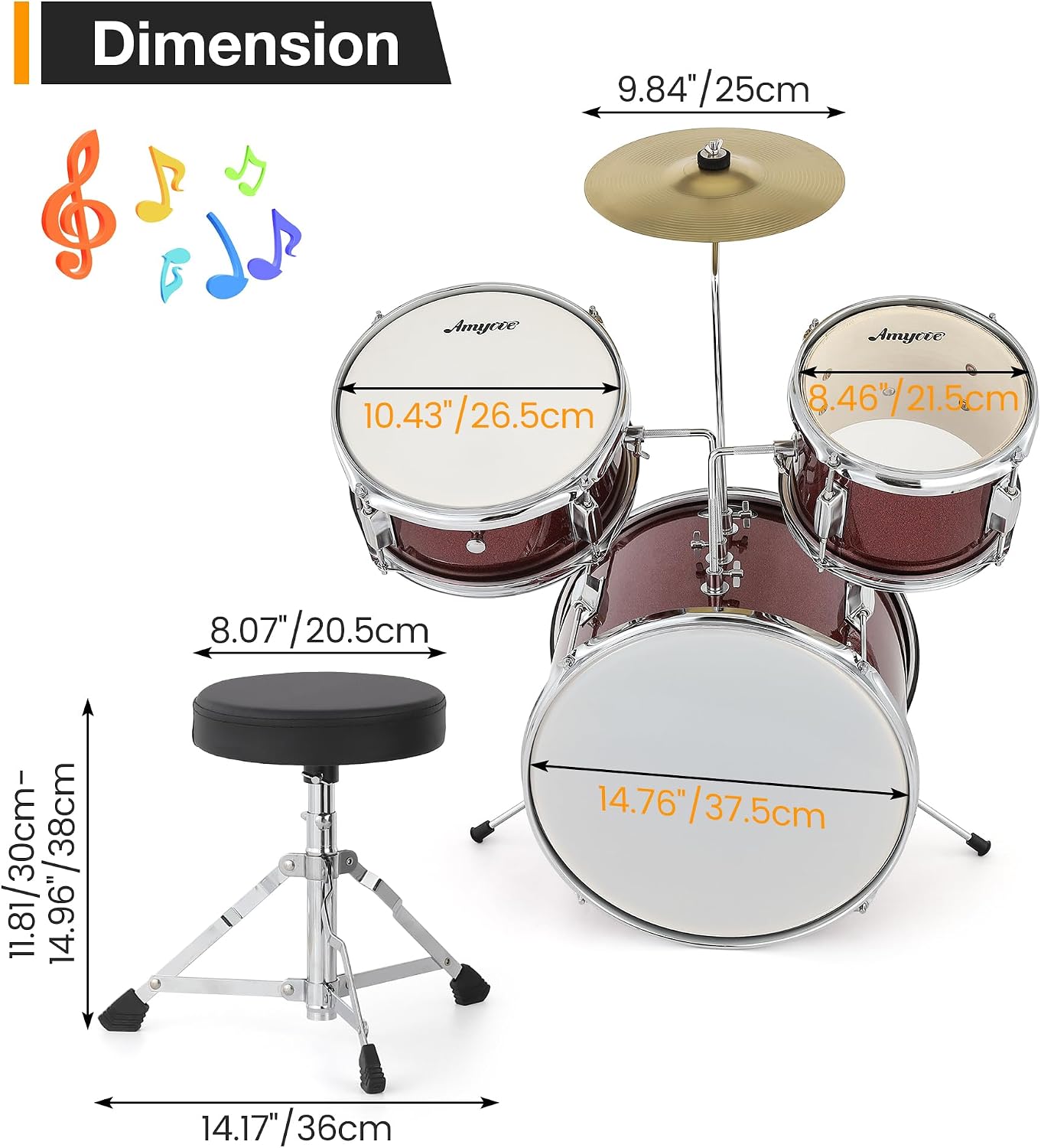 3-Piece Beginner Drum Set, Beginner Drum Set,with Bass Tom Snare Drum, 14 Inch Drum Kit with Snare, Cymbal, Drumsticks, Adjustable Seat (Red)