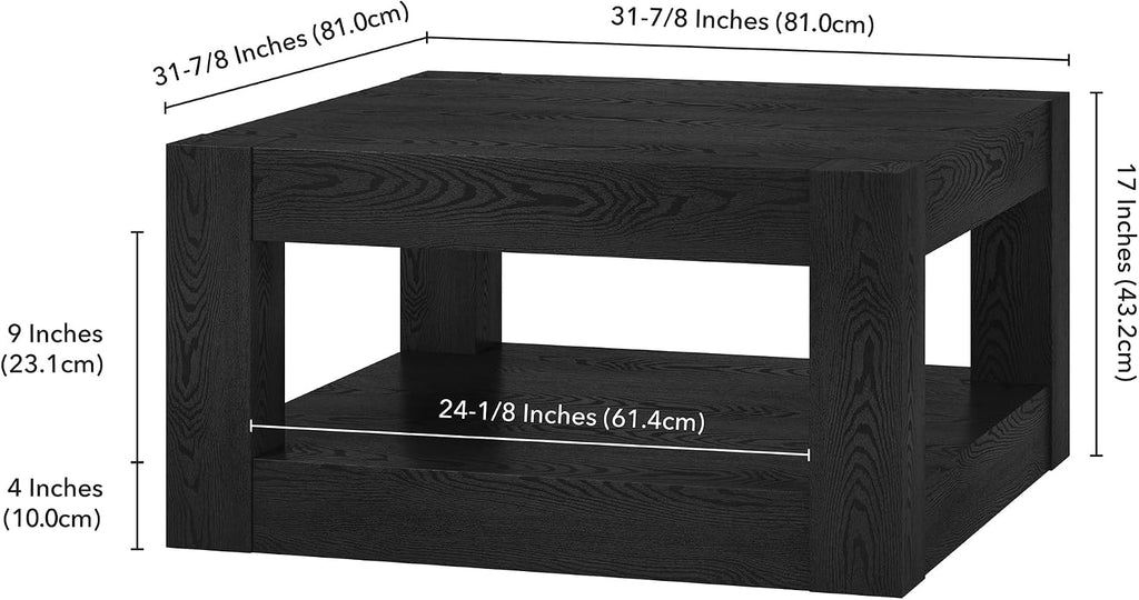 Henn&Hart 32' Wide Square Coffee Table in Natural Black, for Home, Living Room, Bedroom, Entertainment Room, Office