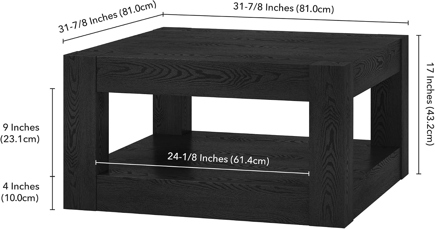 Henn&Hart 32' Wide Square Coffee Table in Natural Black, for Home, Living Room, Bedroom, Entertainment Room, Office