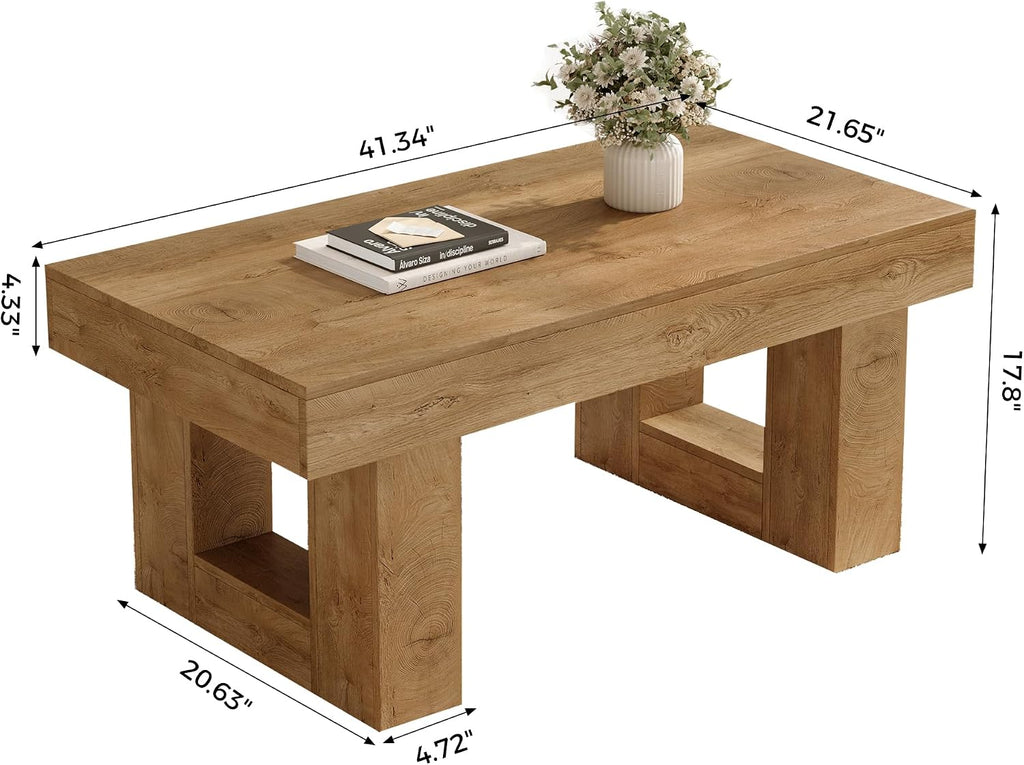 Rectangular Coffee Table, Heavy Duty Center Tables with Annual Ring Pattern, Farmhouse 42 Inch Wooden Coffee Table w Thick U-Shaped Base, Rectangle Side Tables for Living Room, Honey Brown