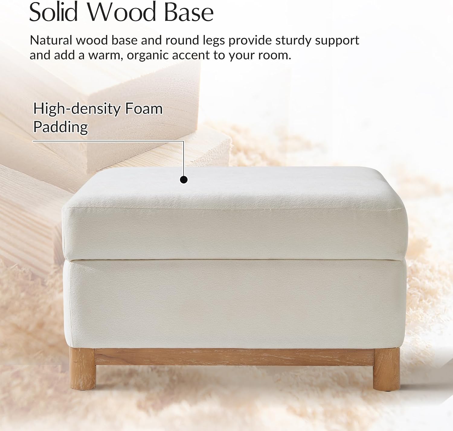 HULALA HOME 30.25' Ottoman Coffee Table with Reversible Tray Lid, Modern Upholstered Storage Ottoman with Solid Wood Base, Removable Top, Footrest and Extra Seating for Bedroom or Living Room, Ivory
