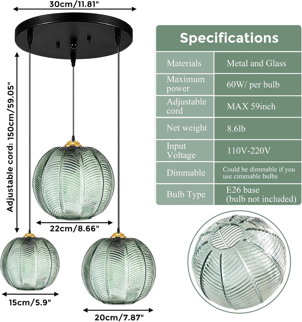 GWY Green Pendant Light, 3 in 1 Large Glass Pendant Light Fixtures E26 E27 Mid Century Modern Chandelier Ribbed Blown Glass Globe Shade Hanging Light Ceiling Light for Living Room Restaurant Bar
