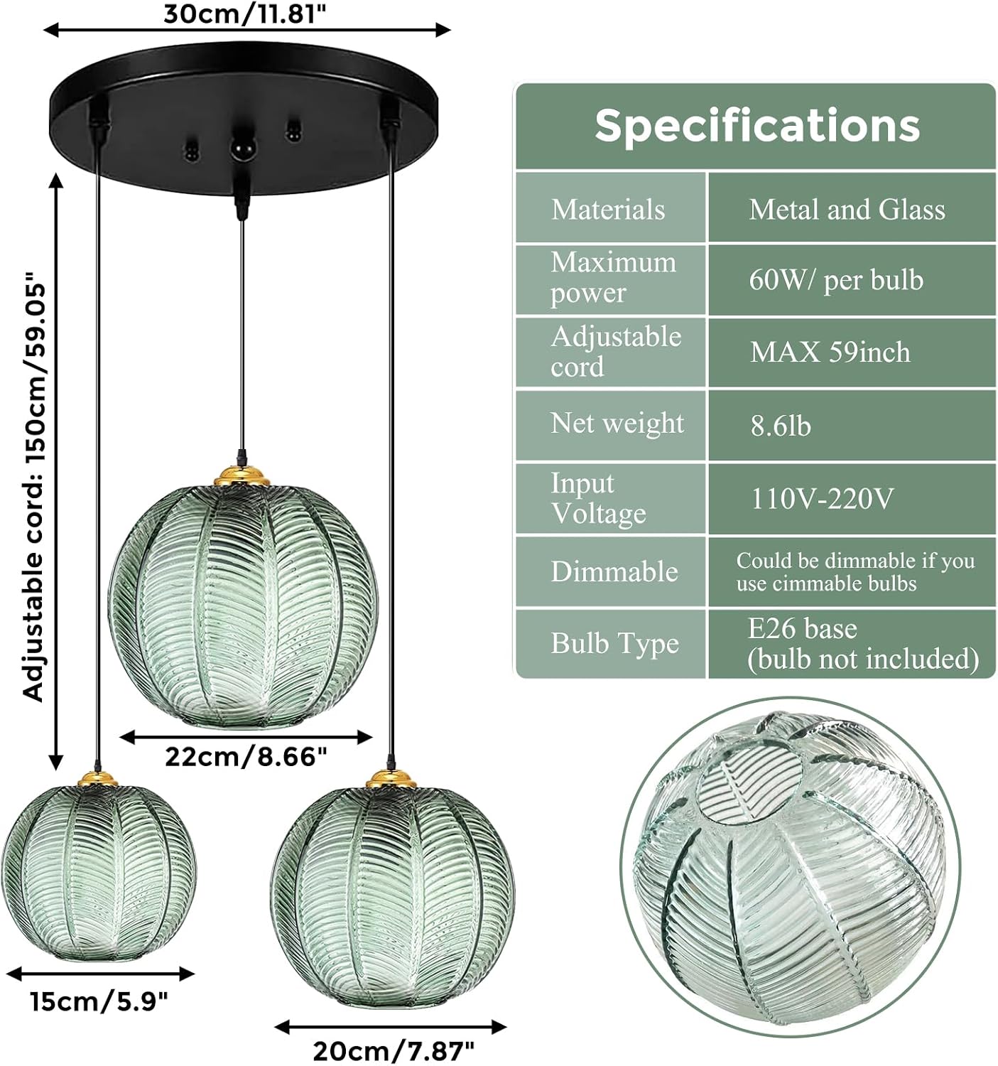 GWY Green Pendant Light, 3 in 1 Large Glass Pendant Light Fixtures E26 E27 Mid Century Modern Chandelier Ribbed Blown Glass Globe Shade Hanging Light Ceiling Light for Living Room Restaurant Bar