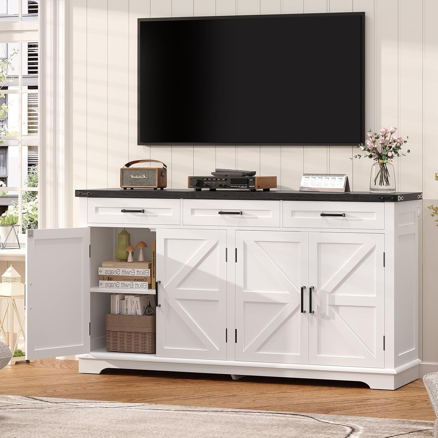 TEENFON 61' Farmhouse Buffet Cabinet with 2 Adjustable Shelves, Sideboard with 3 Drawers & 4 Doors, Rustic Storage Cabinet for Kitchen, Entryway, Coffee Bar, White