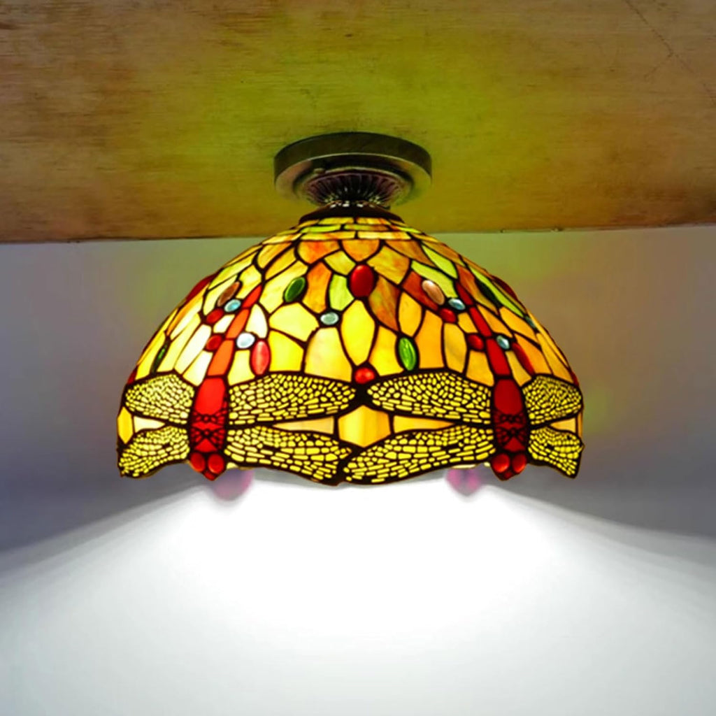 12 Inch Dragonfly Stained Glass Lamp Shade, Tiffany Style Lampshades Replacement, Handmade Vintage Lamp Cover Accessories Only for Table lamp Pendant Light Ceiling Fixture,Red