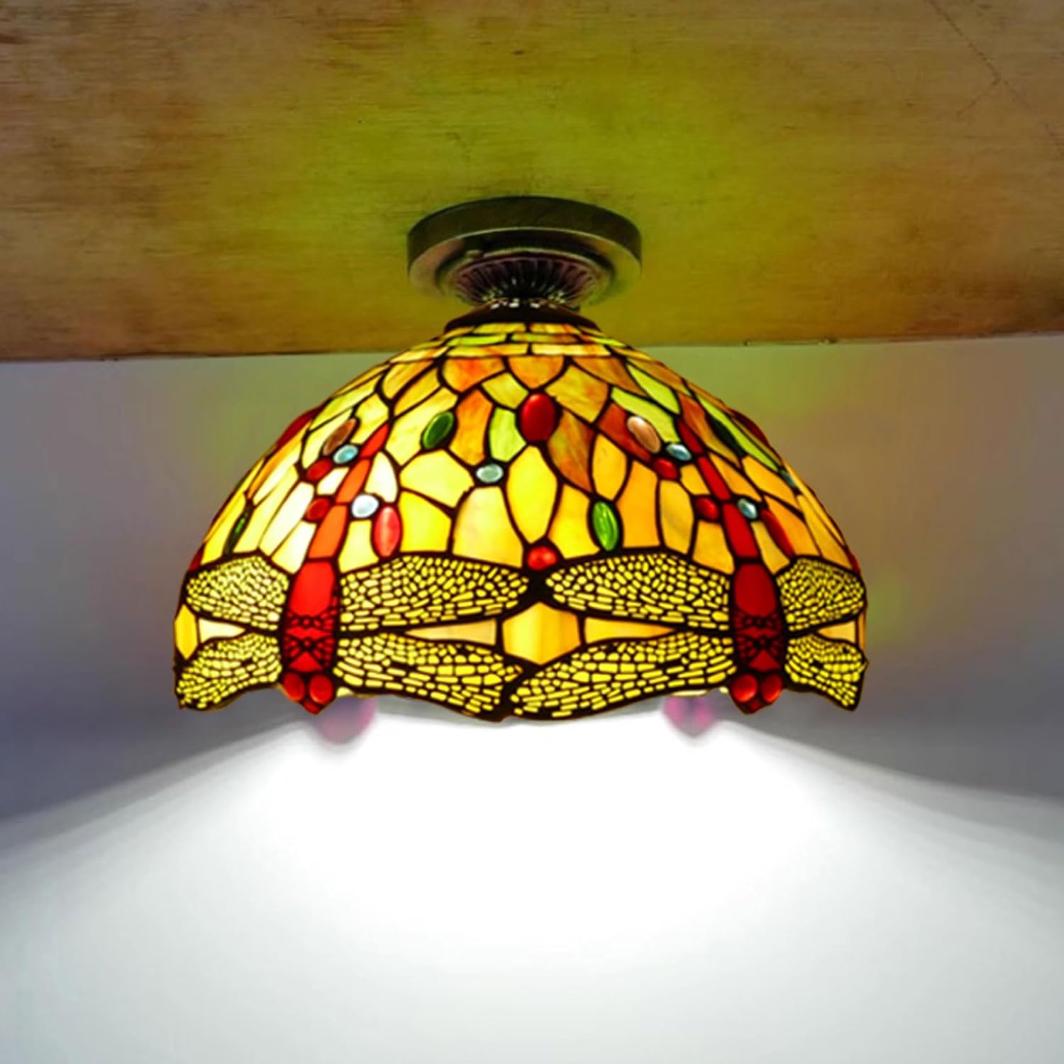 12 Inch Dragonfly Stained Glass Lamp Shade, Tiffany Style Lampshades Replacement, Handmade Vintage Lamp Cover Accessories Only for Table lamp Pendant Light Ceiling Fixture,Red
