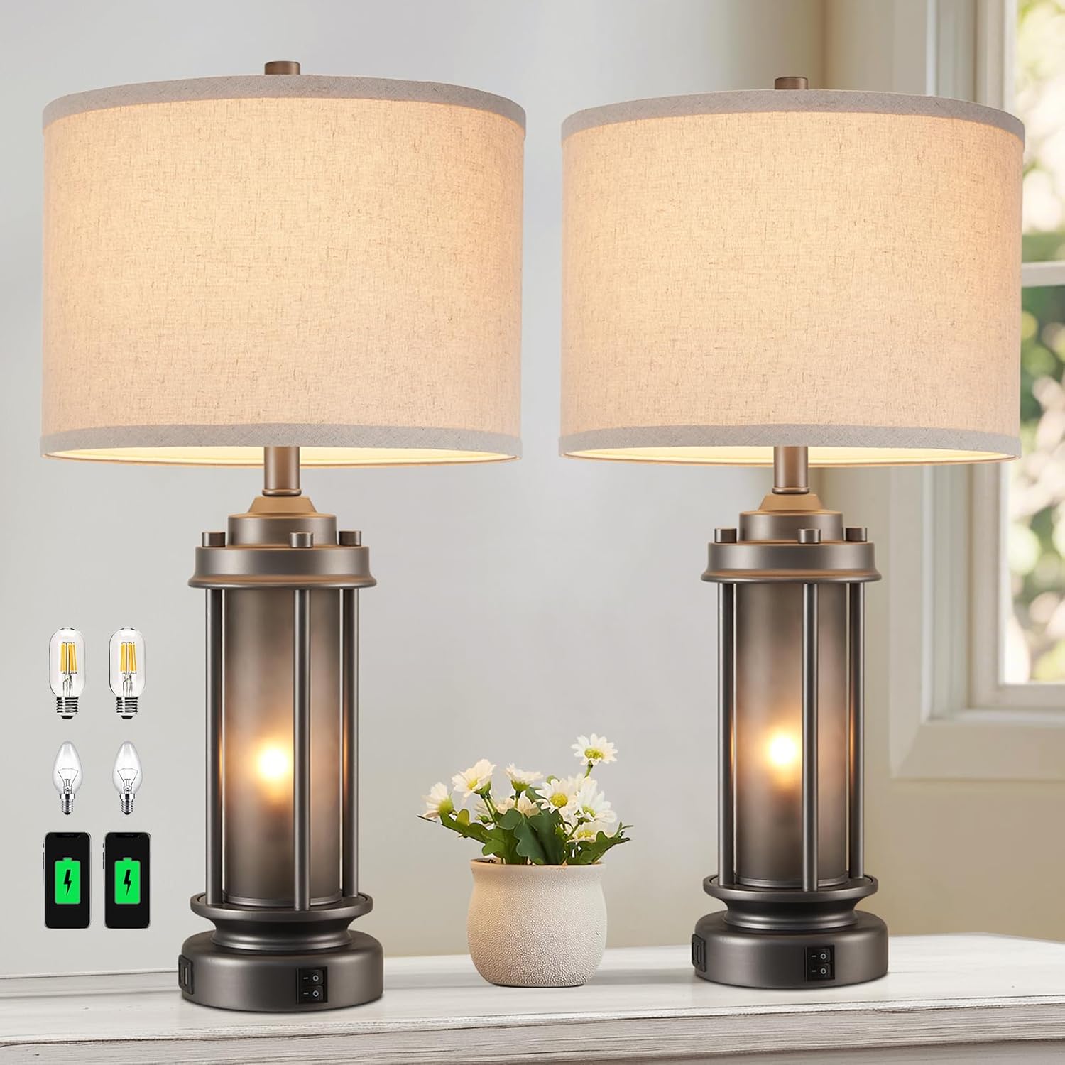 AIEAMPDO Industrial Metal Table Lamps Set of 2 Living Room Bedroom, 2 USB Ports Bedside Lamp with Glass Nightlight, Modern Desk Lamp for Entryway Office End Table, 4 Bulbs Included