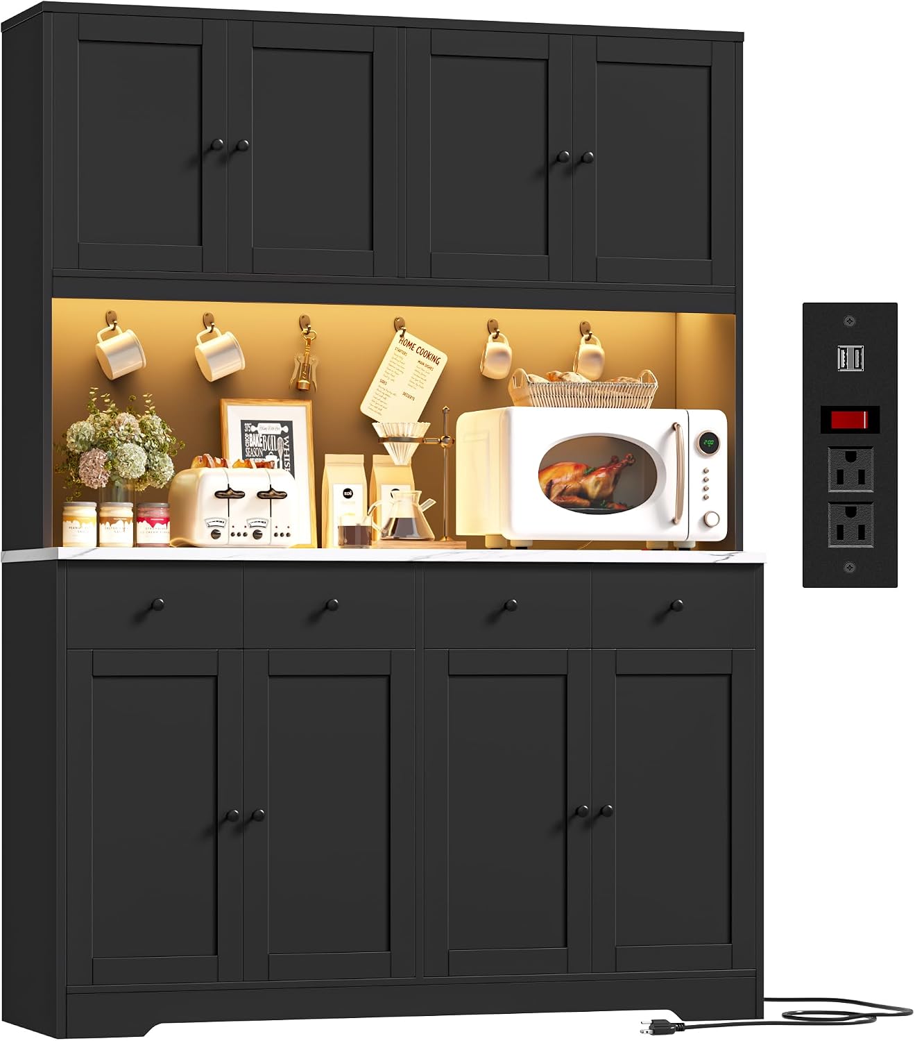 HIFIT 72' LED Kitchen Pantry Cabinet with Power Outlet & Cup Hook, Tall Kitchen Hutch Storage Cabinets w/Marble-Patterned Countertop Microwave Stand, Food Pantry w/Door for Dining Living Room, Black