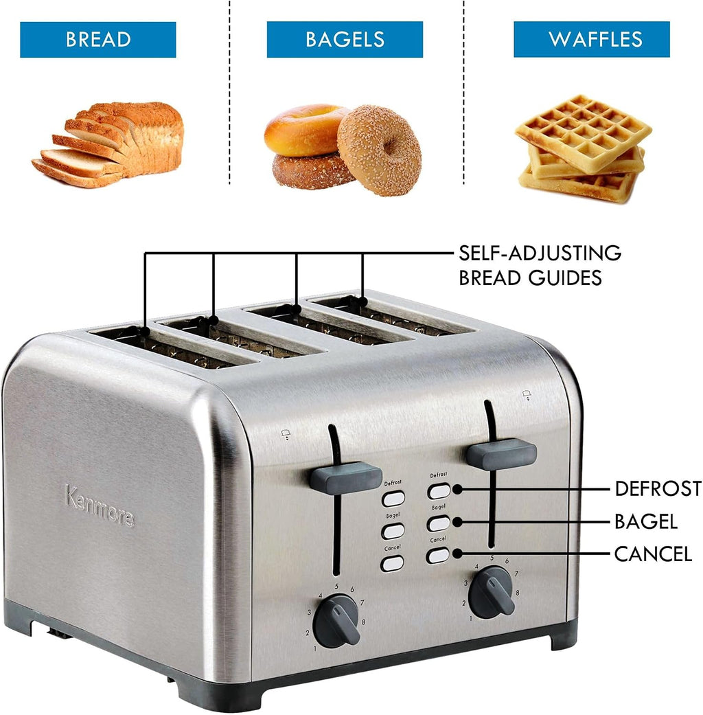 Kenmore Toaster 4 Slice - Extra Wide Slot Countertop Kitchen Appliance, Defrost Function, Grille-Pain, 9 Shade Settings, Compact Design, Easy Clean Crumb Tray, Bread Bagel, Stainless Steel