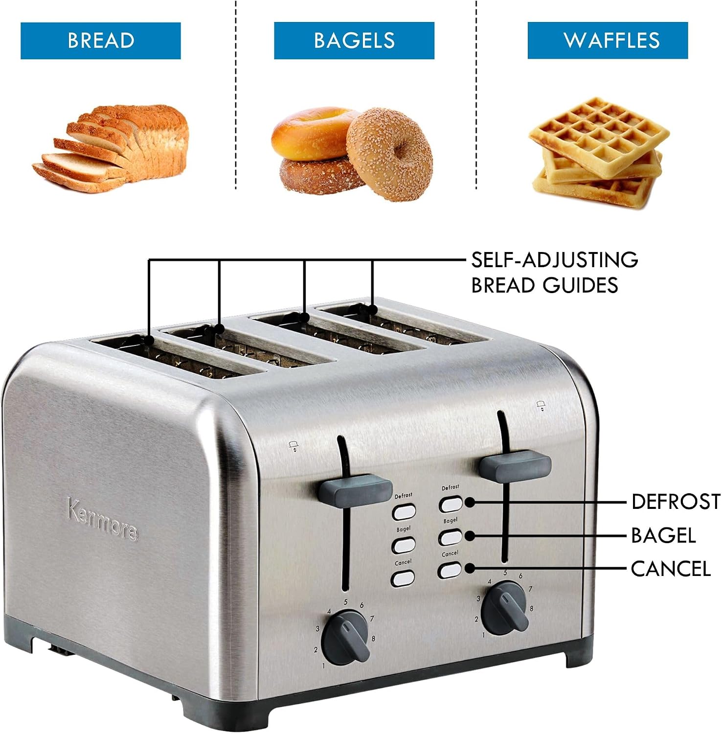 Kenmore Toaster 4 Slice - Extra Wide Slot Countertop Kitchen Appliance, Defrost Function, Grille-Pain, 9 Shade Settings, Compact Design, Easy Clean Crumb Tray, Bread Bagel, Stainless Steel
