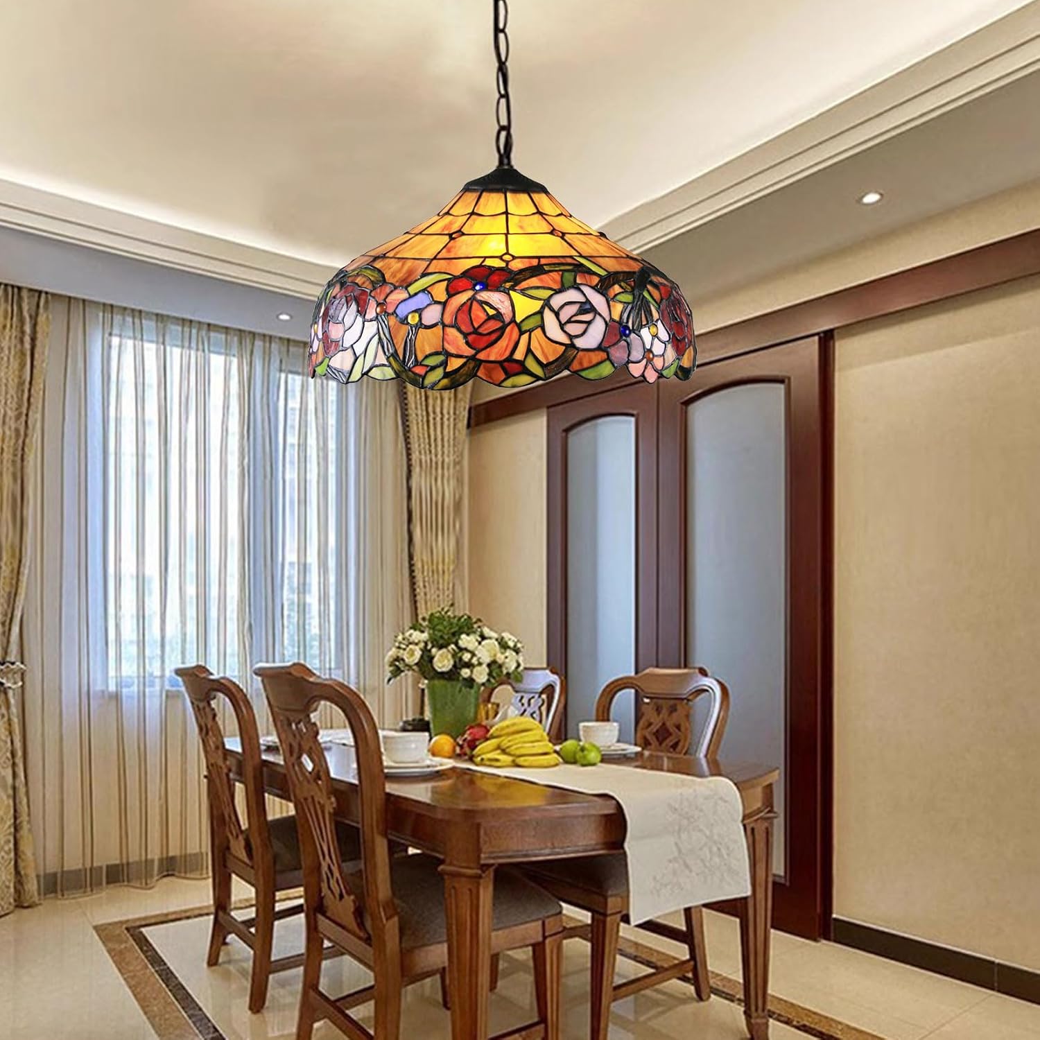Rose Table Lamp Shade Replacement Only 16X9 Inch Tiffany Style Stained Glass Cream Amber Lampshades, Vintage Pastoral Romance Light Cover for Desk Light Floor Lamp Pendant Ceiling Lamp,A1