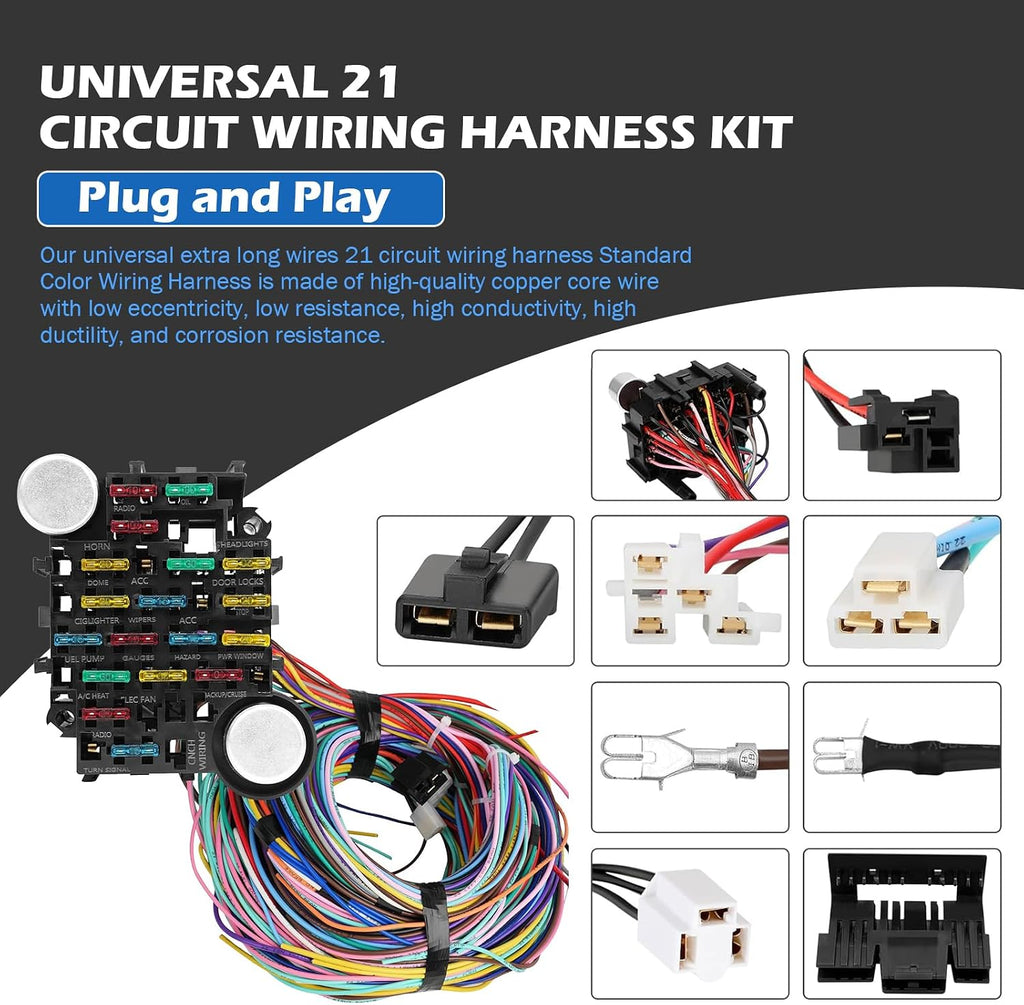 Universal Wiring Harness Kit - 21 circuit wiring harness Standard Color Wire Harness Kit Replacment for Chevy Mopar Hotrods Ratrods Ford Chrysler Universal Automotive Wiring