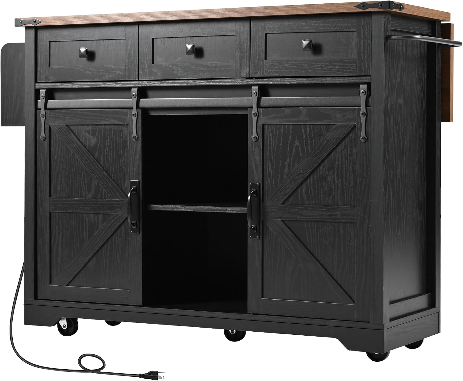 Bellemave 53.7' Farmhouse Kitchen Island cart with Charging Station, Rolling Kitchen Island Table with Drop-Leaf, 3 Drawers, Barn Doors, Large, Black