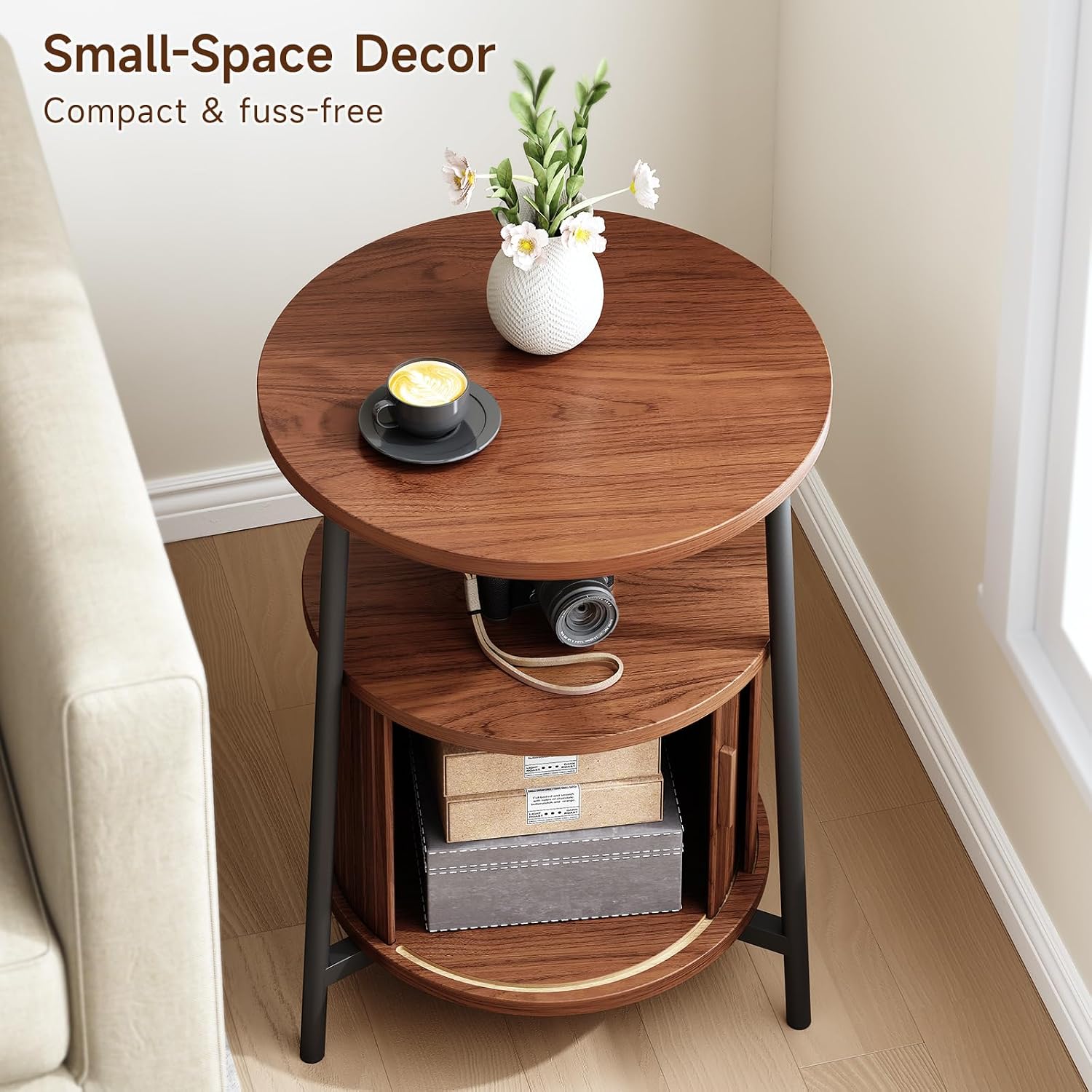 ONBRILL Round Side Table with Storage, Fluted Nightstand with Charging Station, Small Mid-Century Modern Bedside Tables, Walnut End Tables for Small Space Living Room Bedroom Sofa Couch (2 PCS)