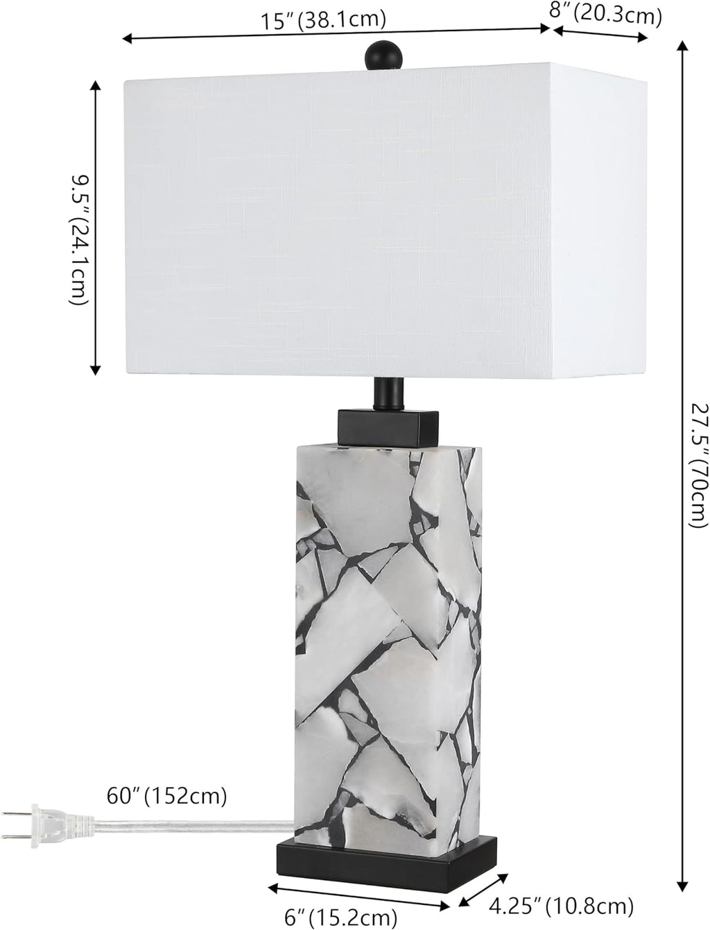 JONATHAN Y 27.5' Black White Alabaster Rectangular Table Lamp with Night Light Contemporary Coastal Bedside Lamp for Bedroom with White Linen Shade LED Bulbs Included JYL6201B
