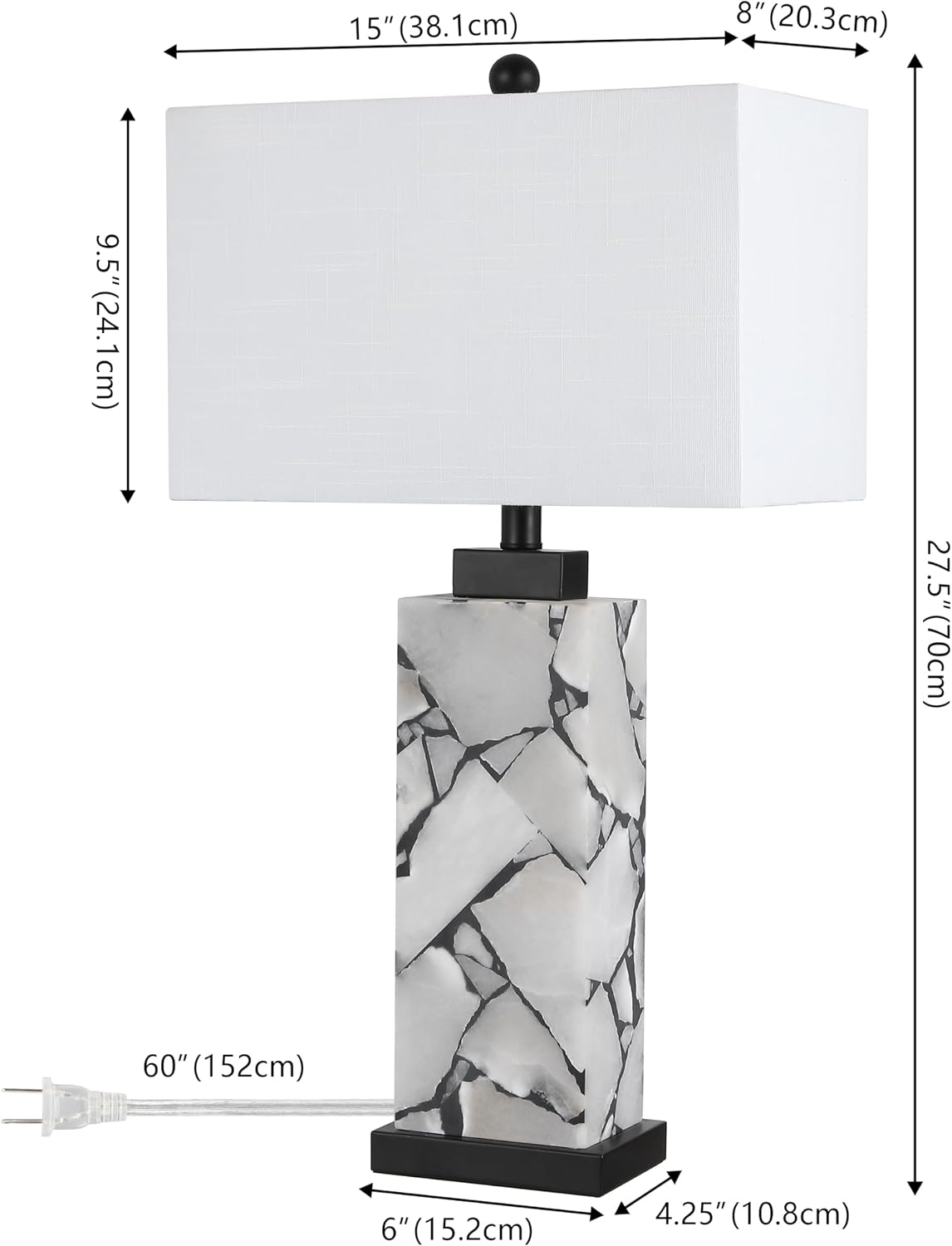 JONATHAN Y 27.5' Black White Alabaster Rectangular Table Lamp with Night Light Contemporary Coastal Bedside Lamp for Bedroom with White Linen Shade LED Bulbs Included JYL6201B