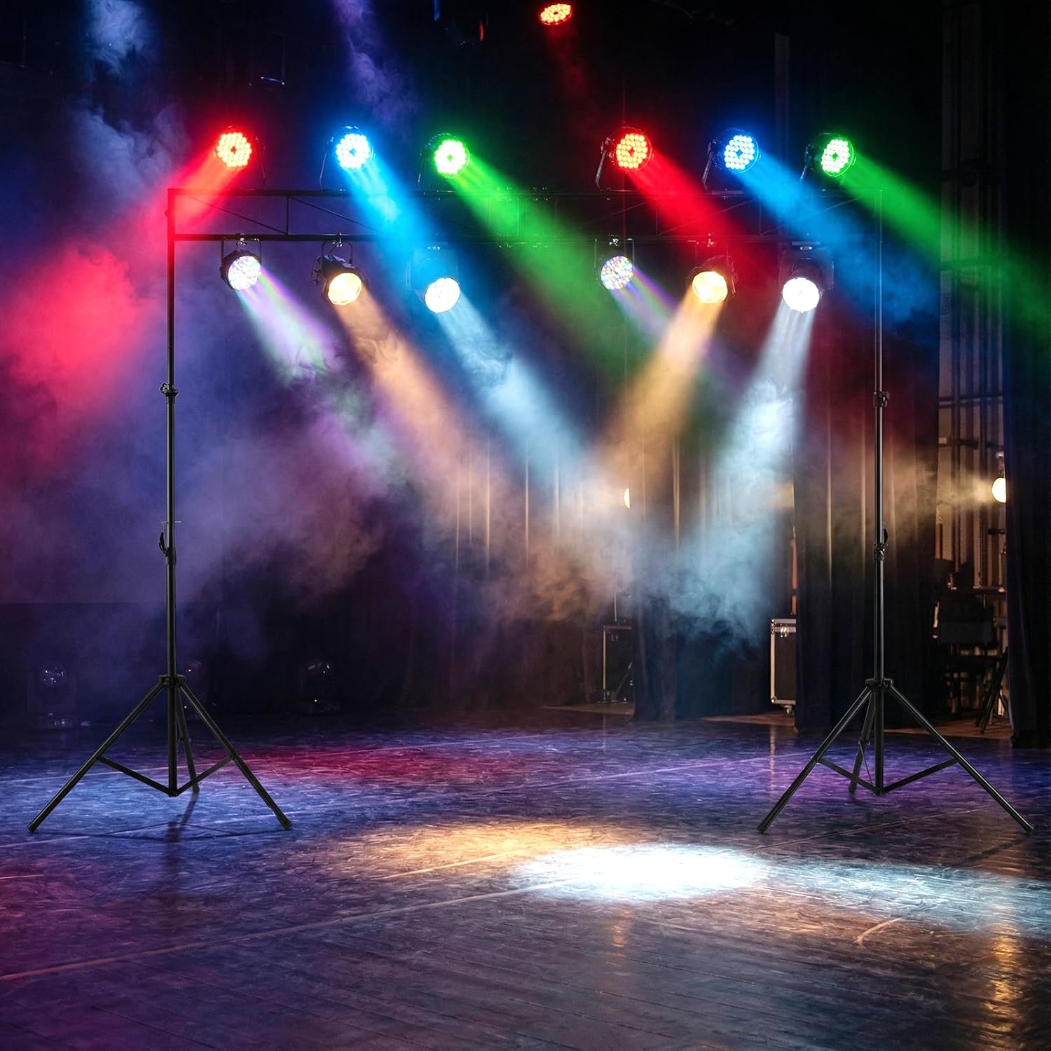 S AFSTAR Lighting Truss Stand System, Heavy Duty DJ Light Stand with 2 Folding Tripods & 12 Mounting Points, Height Adjustable Light Hanging Kit for Music Gear, Stage, Wedding & Concert