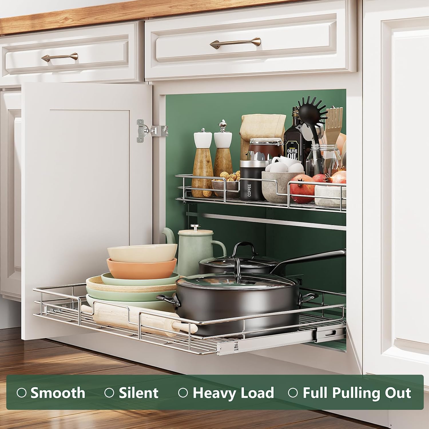 LOVMOR 2 Tier Individual Pull Out Cabinet Organizer 27' W x 21½' D, Slide Out Kitchen Cabinet Storage Sliding Shelves