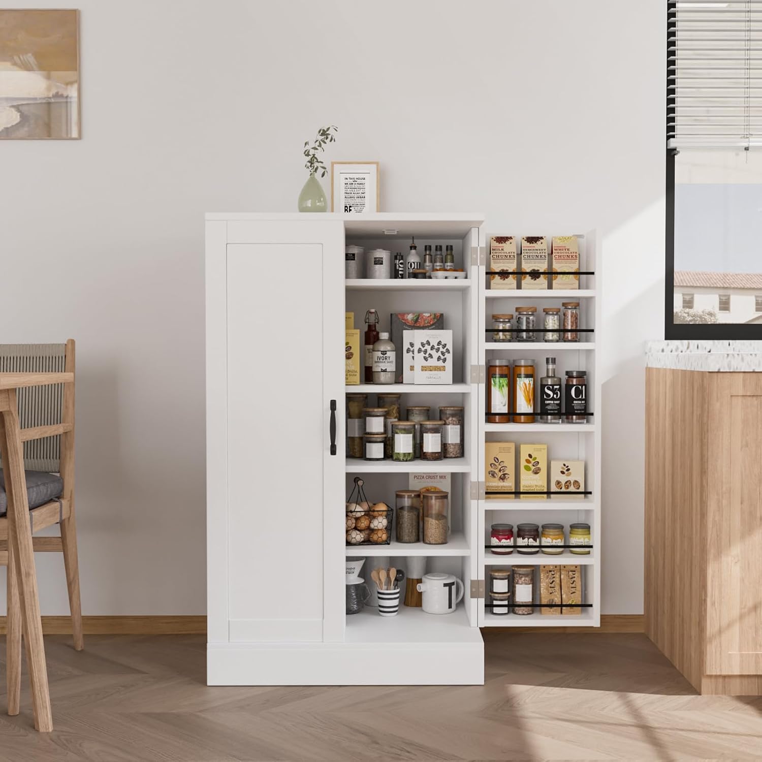 VINGLI 40 Inch White Pantry Cabinet with Doors, Small Kitchen Pantry Storage Cabinet Freestanding, Food Pantry Cabinet with Adjustable Shelves & Door Storage for Kitchen Dining Room Living Room