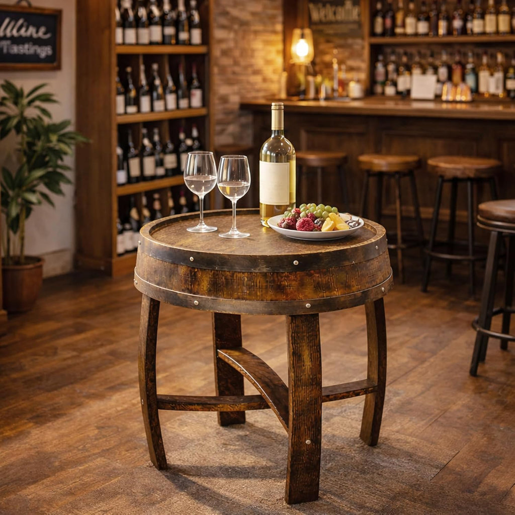 Whiskey Barrel Table, Handcrafted Wooden Wine Barrel End Table for Living Room, Home Bar & Covered Patio, Bourbon Barrel Table for Airbnb, Entryway & Bar Décor (Brown)