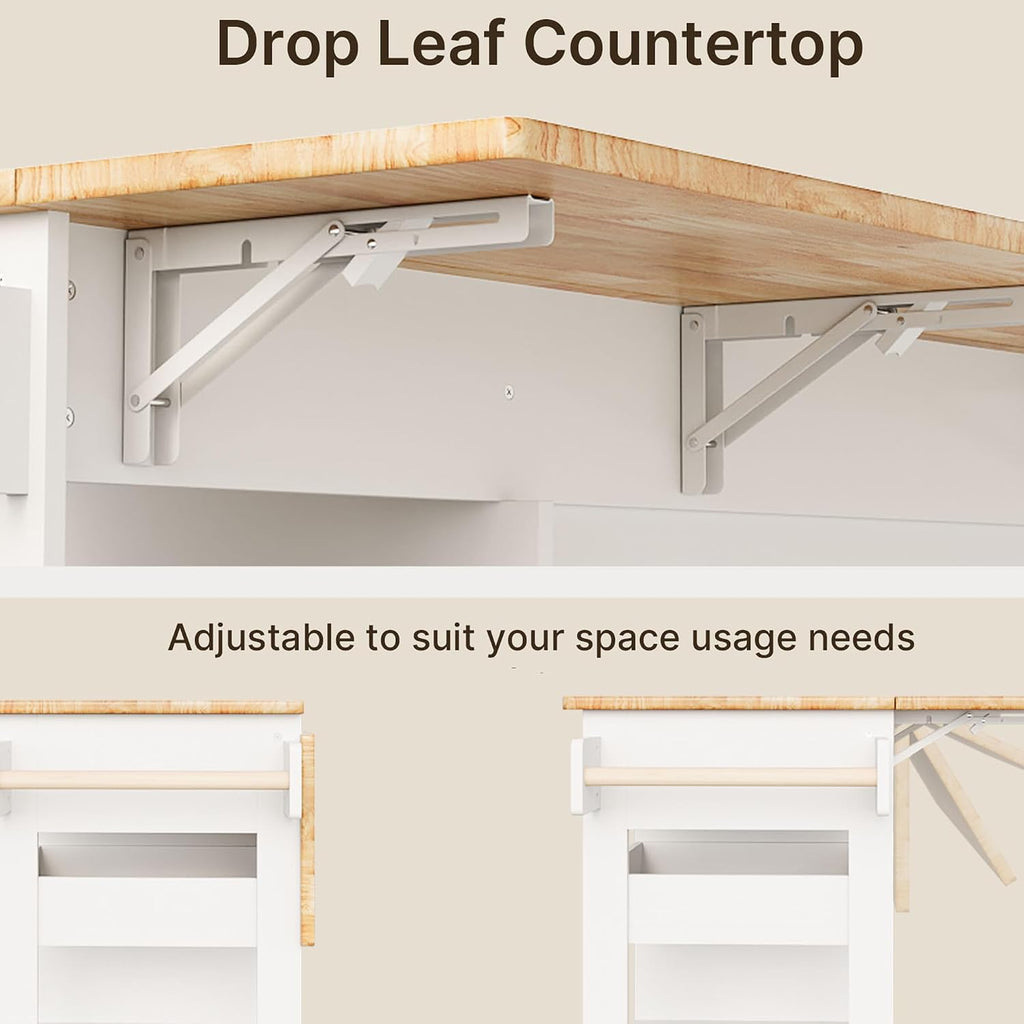 Gizoon Update Kitchen Island, 41.7' W Kitchen Island with Storage, Rolling Island Table on 5 Wheels, with Drop Leaf, Refrigerator Door, Adjustable Shelf, Spice/Towel Rack, Removable Tray, White