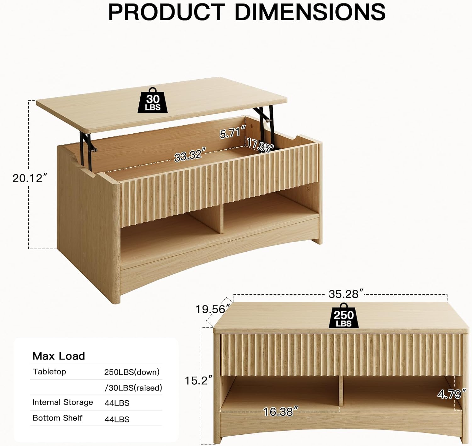 Amada Lift Top Coffee Table with Storage Shelf & Hidden Compartment, Modern Fluted Rectangle Dining Table for Living Room, Home Office,Natural Oak