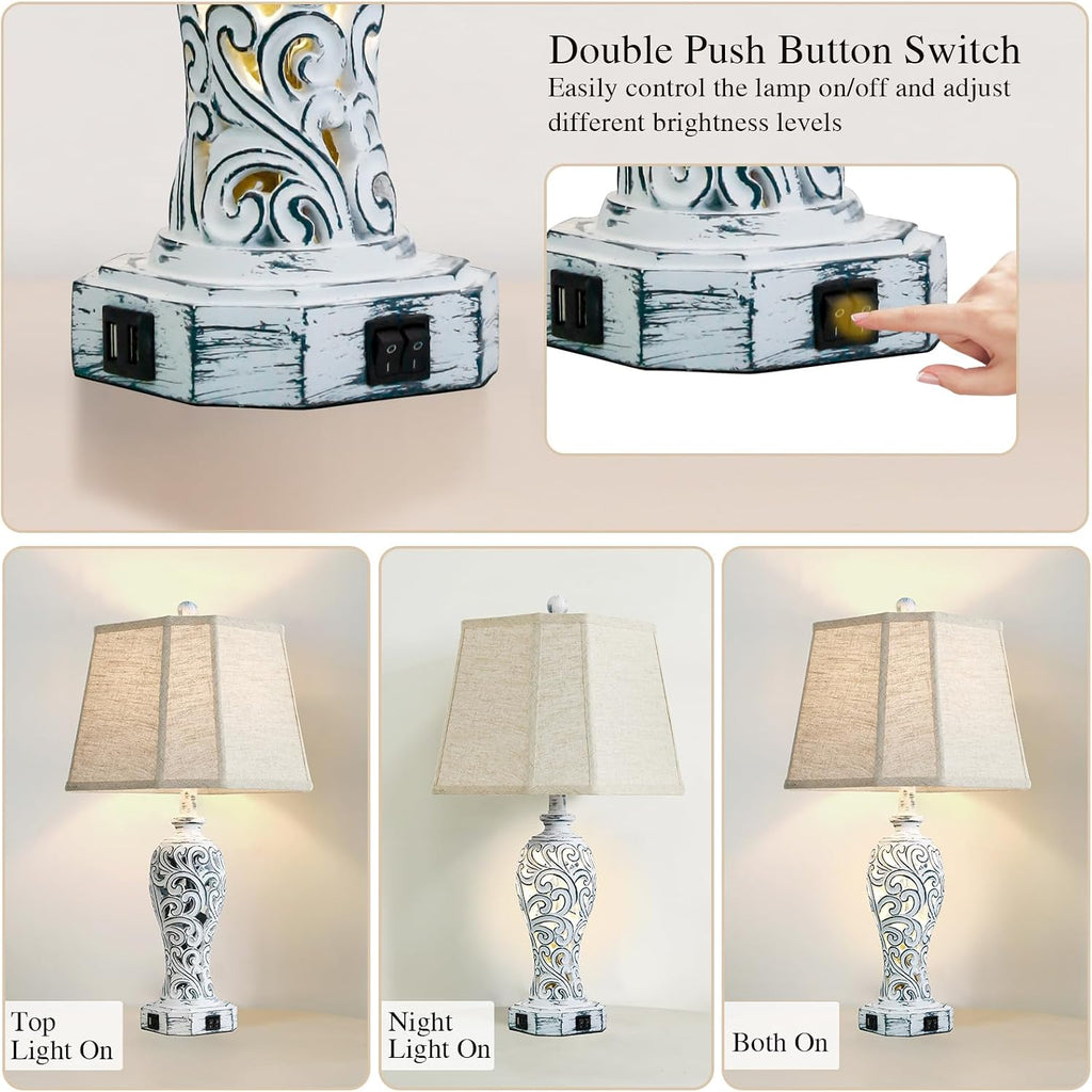 25'' Farmhouse Table Lamps Set of 2 for Living Room Bedroom, 2 USB Ports Rustic Vintage Nightstand Table Lamp with Nightlight, Hollow Out Resin Lamp for End Table (Bulbs Included)