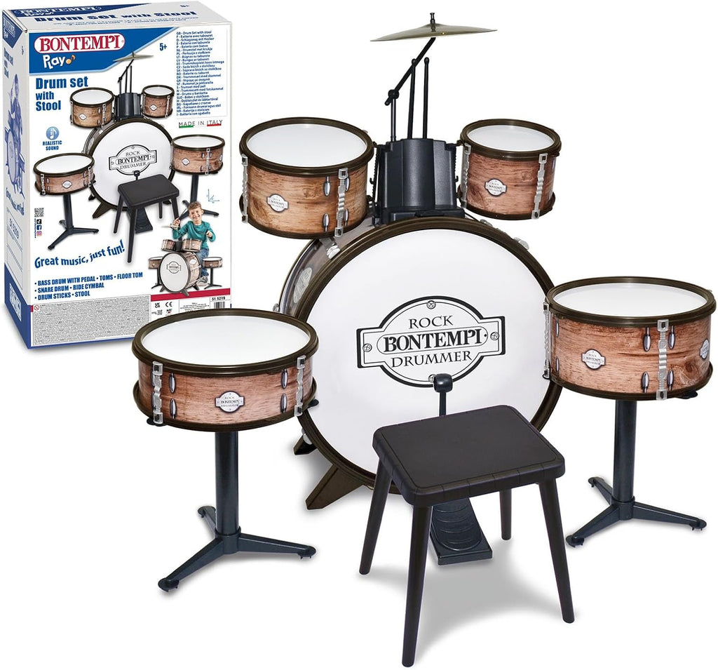 Bontempi Drum Kit with 6 Elements, Stool and 2 Sticks, Realistic Sound, 700 x 400 x 800 mm, Musical Instrument for Children from 5 Years