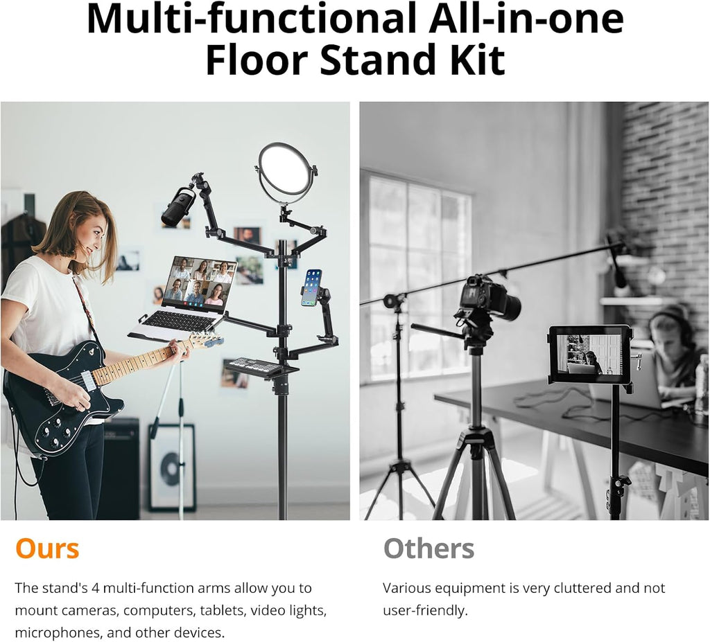 GVM 5-in-1 Movable Live Streaming Floor Stand Kit with Wheels, Overhead Camera Mount with 10' LED Key Light/Mic Boom Arm/Tablet Laptop Phone Stand/Tray for Live Broadcast Podcast Video Recording Game