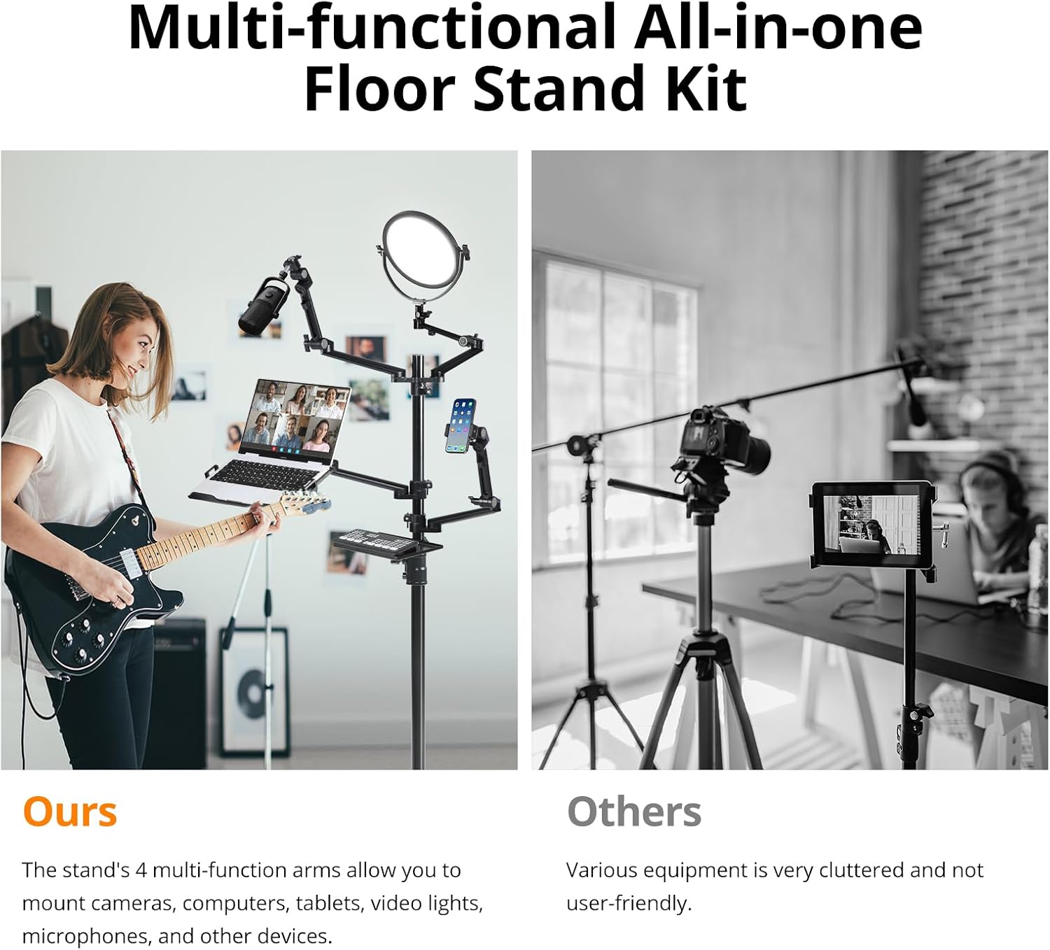 GVM 5-in-1 Movable Live Streaming Floor Stand Kit with Wheels, Overhead Camera Mount with 10' LED Key Light/Mic Boom Arm/Tablet Laptop Phone Stand/Tray for Live Broadcast Podcast Video Recording Game