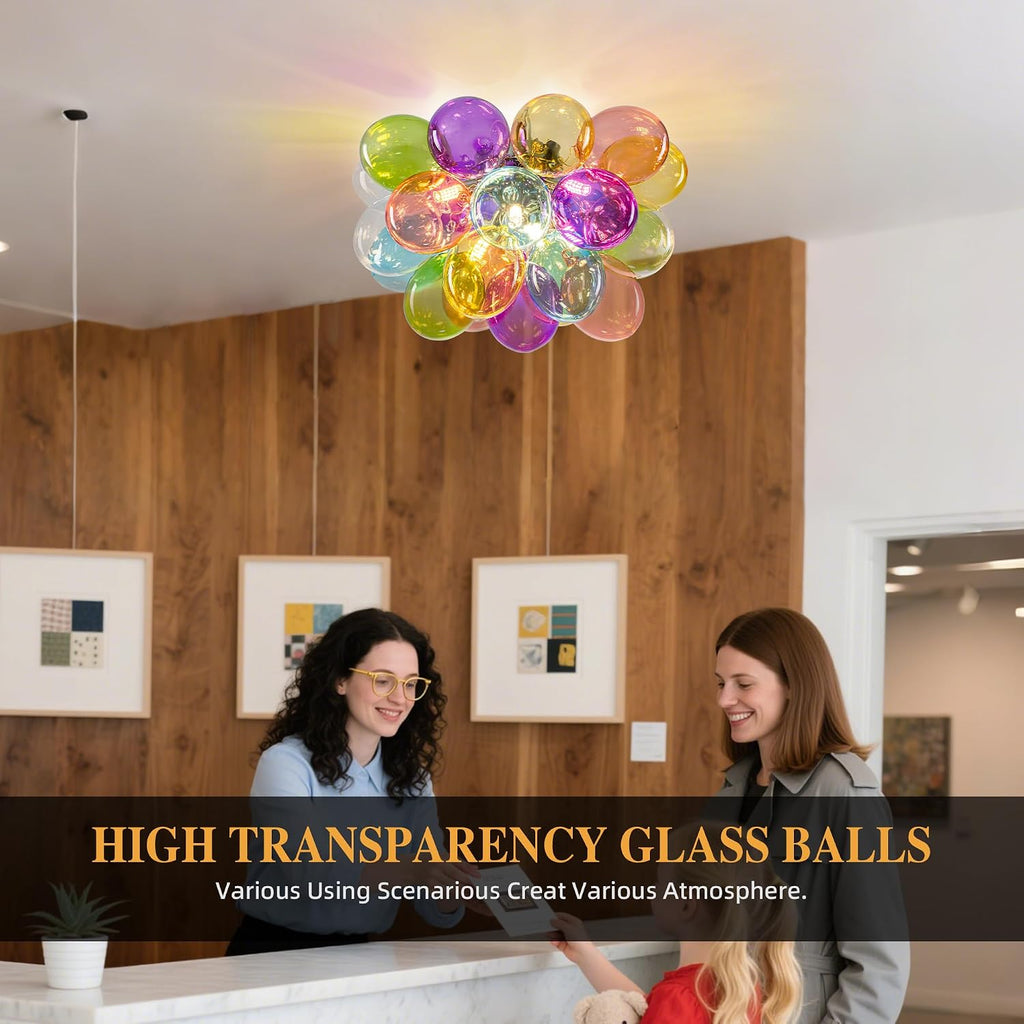 Semi Flush Mount Bubble Chandelier,Close to Ceiling Light Fixtures,16' Modern Bubble Balloon Glass Chandelier with Colorful Globe Glass Shades Pendant Light (Colorful Ceiling, 20 inch)
