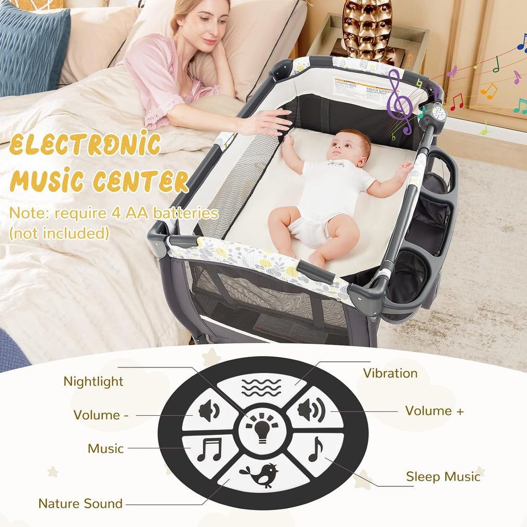 HONEY JOY Pack and Play, 4 in 1 Portable Baby Crib Playpen w/Bassinet, Changing Table, Canopy, Mattress, Music Box, Storage Bag, Foldable Pack and Play for Infant Boys Girls