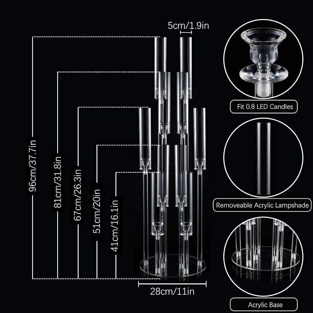 4 Sets 10 Arms Acrylic Candelabra Wedding Centerpiece,33.7Inches Floor Clear Candlesticks Holder with Acrylic Shade for Baby Shower Event Dinner Party Decoration(Fit 0.8Led Candles)