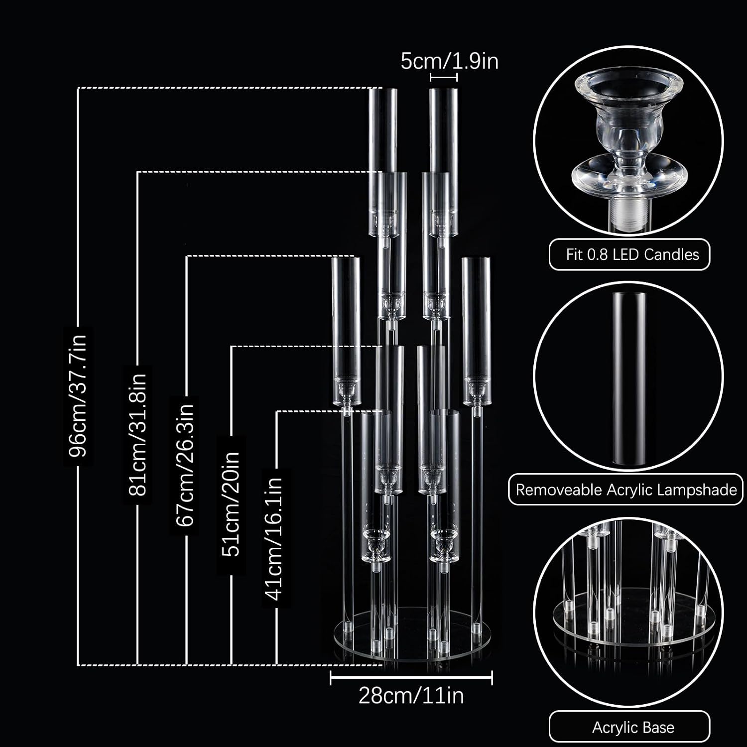 4 Sets 10 Arms Acrylic Candelabra Wedding Centerpiece,33.7Inches Floor Clear Candlesticks Holder with Acrylic Shade for Baby Shower Event Dinner Party Decoration(Fit 0.8Led Candles)