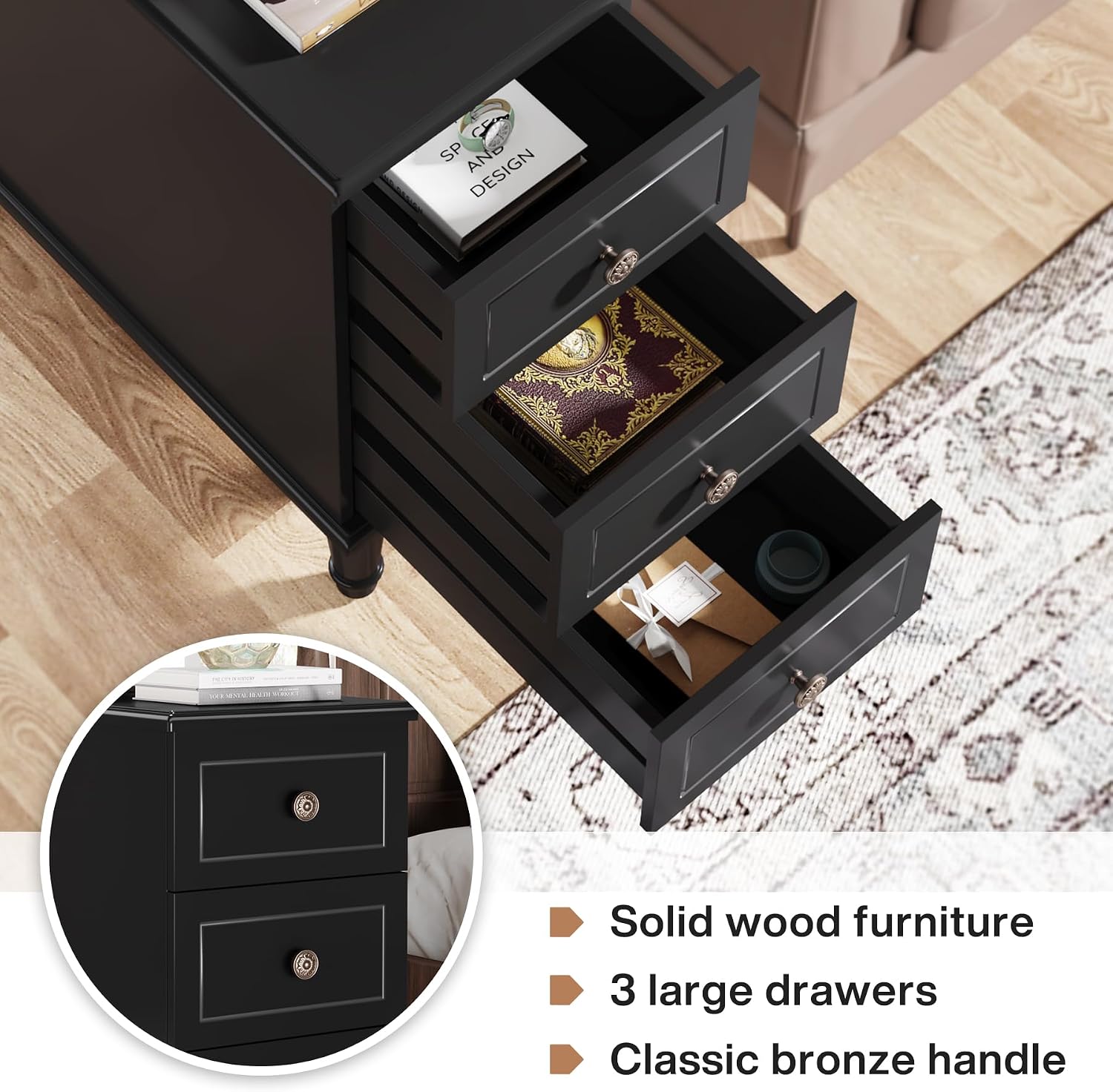 Tribesigns Solid Wood End Table Set of 2, Fully Assembled Narrow Side Table with Drawers, Pre-Assembled Nightstand Slim Bedside Table for Small Spaces, Living Room, Bedroom, Black