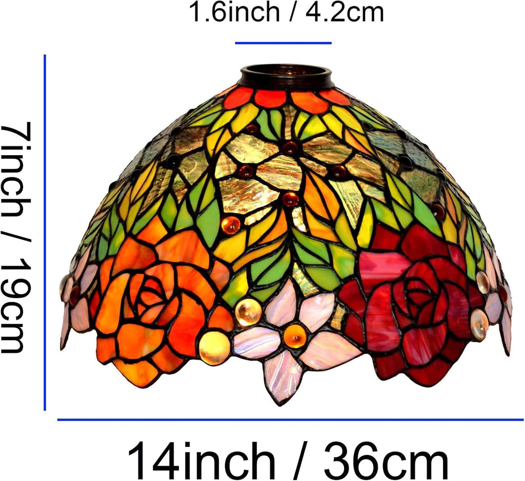 14' Tulip Rose Lamp Shade Replacement Only Tiffany Stained Glass Lampshades, Vintage Handmade Red Blue Pink Orange Flower Green Leaves Light Cover Accessories Table Lamp Floor Lamp,Rose