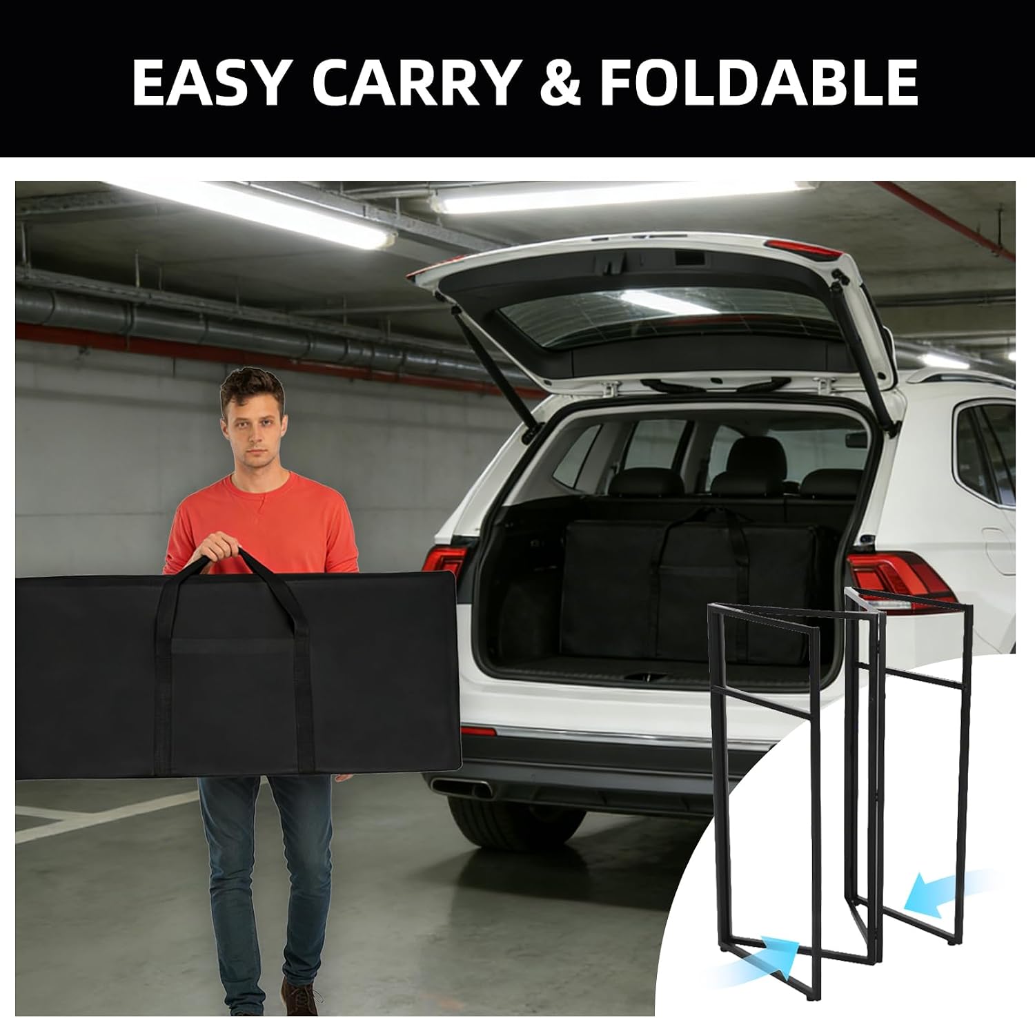 DJ Booth Portable 44 * 21 * 48in, DJ Facade Booth DJ Table Stand w/Black & White Scrim, Carrying Bag, Metal Foldable DJ Stand Table Station for Wedding, Show, Party