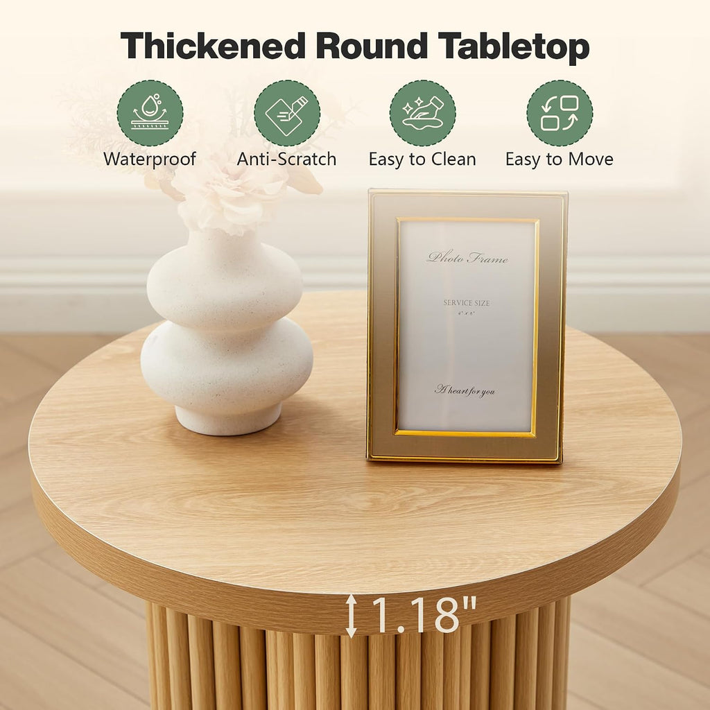 Small Sofa Side Table Set of 2, Fluted Accent Pedestal End Table, Wood Round Night Stand, Farmhouse Bed Side Table Drink Tables for Living Room, Small Spaces (Natural-2PCS)