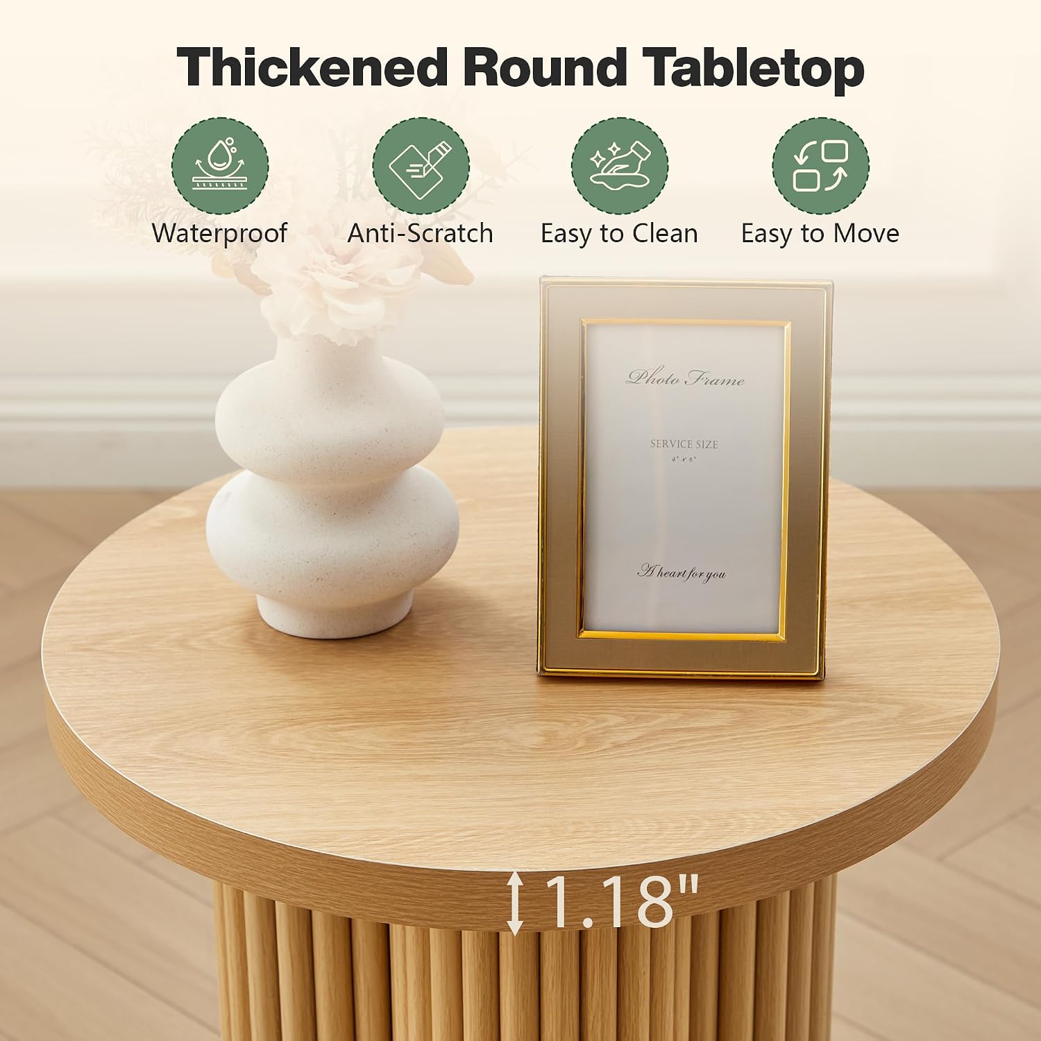 Small Sofa Side Table Set of 2, Fluted Accent Pedestal End Table, Wood Round Night Stand, Farmhouse Bed Side Table Drink Tables for Living Room, Small Spaces (Natural-2PCS)