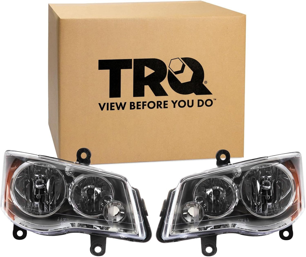 TRQ Driver and Passenger Side Headlight Assembly Set Compatible with 08-16 Chrysler Town and Country with Quad Headlights 11-20 Dodge Grand Caravan with Quad Headlights Halogen Only