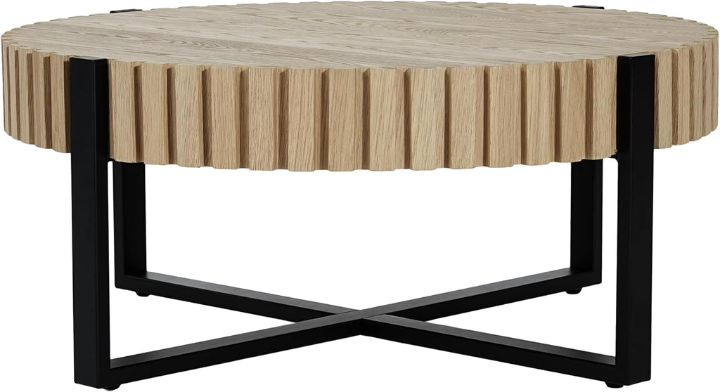 Christopher Knight Home Sol 31.5'' Modern Round Coffee Table, Indoor Living Room Side Table, Wooden End Table with Cross Metal Base, Unique Gear Motifs and Fluted Edges, Black + Natural