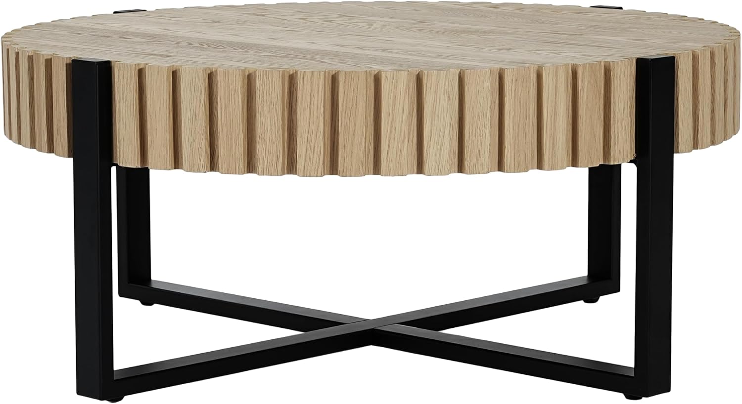 Christopher Knight Home Sol 31.5'' Modern Round Coffee Table, Indoor Living Room Side Table, Wooden End Table with Cross Metal Base, Unique Gear Motifs and Fluted Edges, Black + Natural