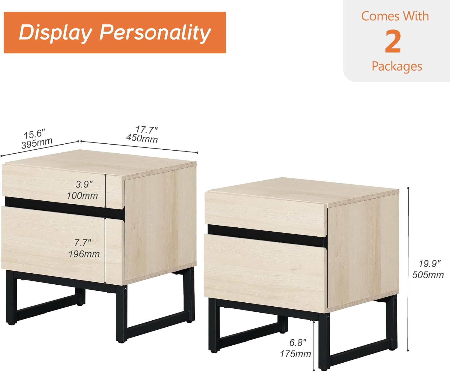 WAMPAT 2 Pack Modern End Table with 2 Drawers, Farmhouse Sofa Table with Black Square Iron Leg, Wood Rustic Side End Table for Living Room, Nighstand for Bedroom, Light Oak