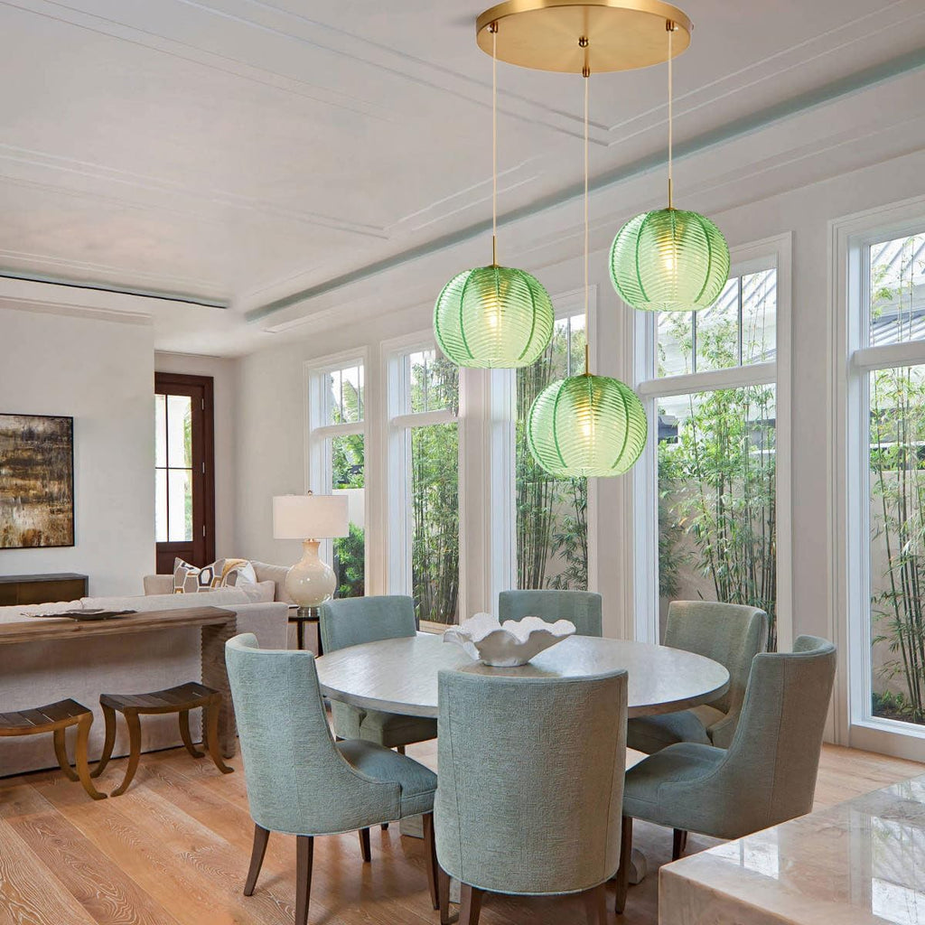 Mid Century Modern Chandelier Glass Globe 3-Light 8.6″ Emerald Green Ribbed Glass Shade Large Ball Chandeliers Sputnik Chandelier Vintage Hanging Ceiling Light Fixture Kitchen Island