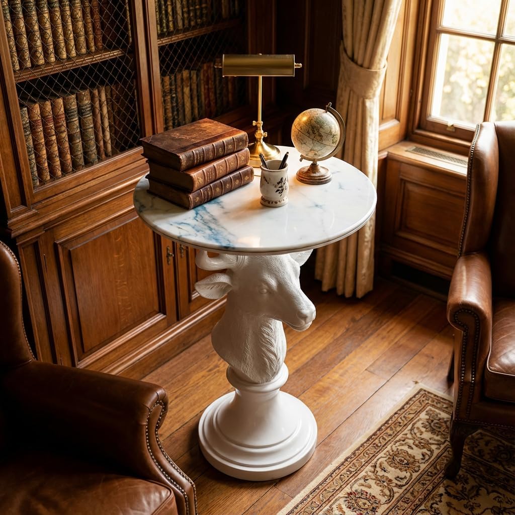 Modern Accent TableLiving Room White Deer Statue Contemporary‌ Faux Marble Night Stand Side Table with White Deer Base Reception Area & Bedroom（Width 19.69' ——Tall 25.59'）