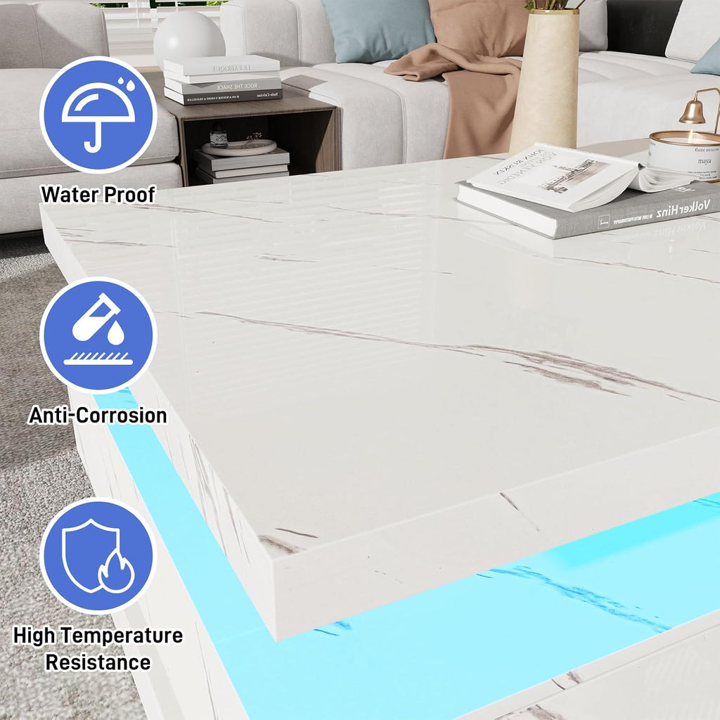 47.2 inch Modern High Glossy LED Coffee Table with 2 Sliding Drawers, Double-Layer Center Tables with LED Lights for Livings Room Furniture, White