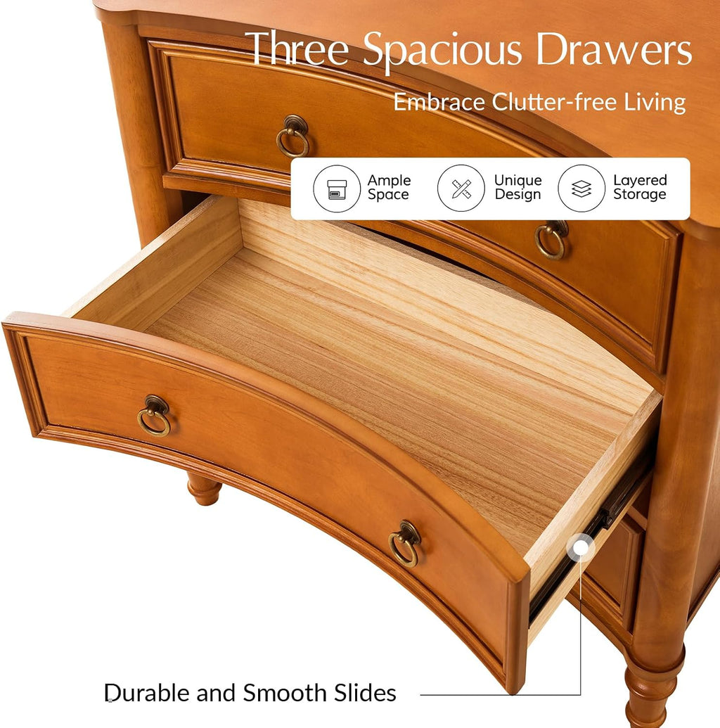 HULALA HOME 3 Drawer End Tables Set of 2 with Charging Station, 26' Wide Endtables with Solid Wood Legs and Curved Profile, Classic Side Tables for Living Room, Acorn